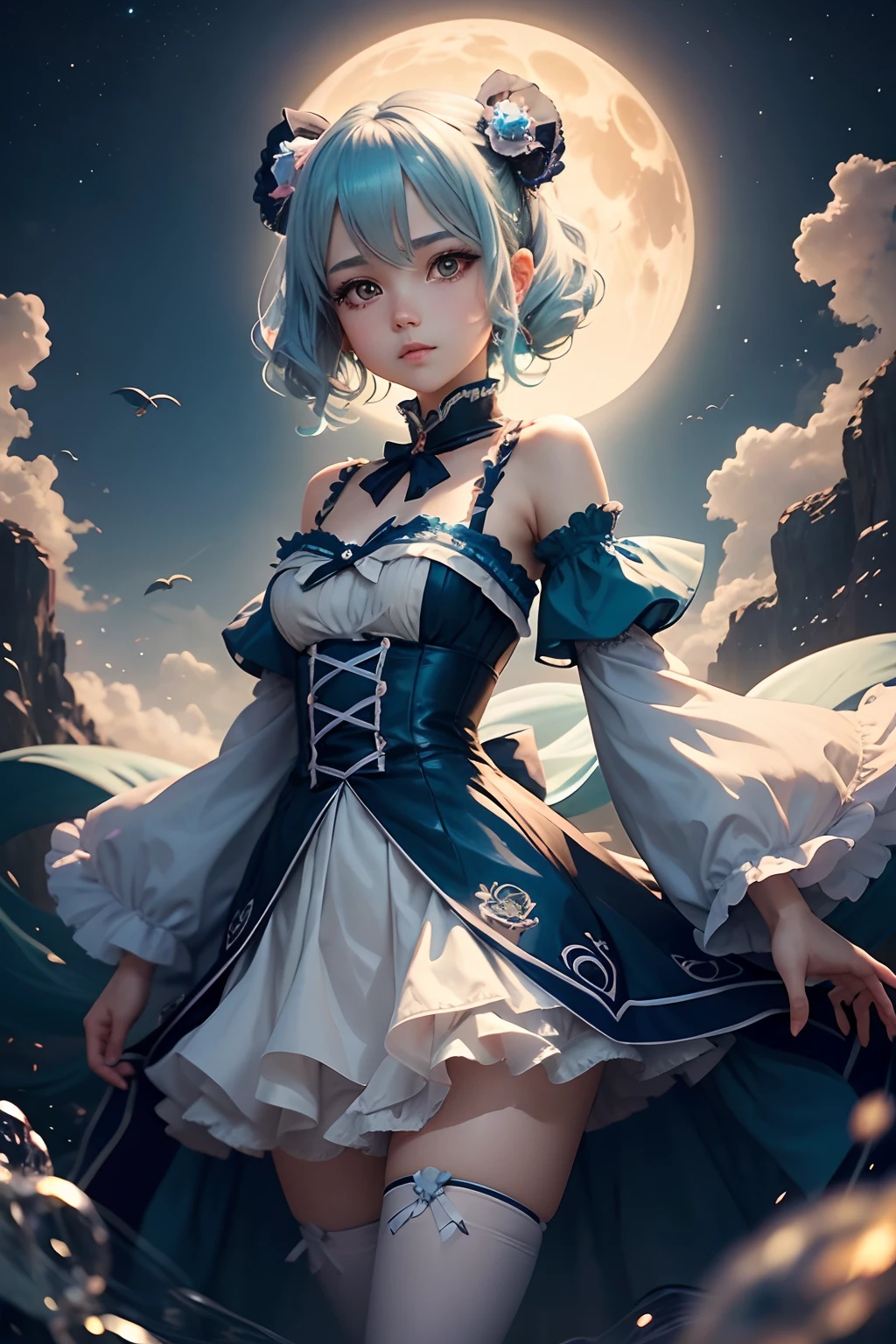 (cancer zodiac) there is a woman with grey glowing cyan hair on underwater with glowing cyan fish, Godest of the sea, spider arm attatched on back, anime girl cosplay, anime girl in real life, anime style mixed with fujifilm, portrait of magical lolita girl, cute kawaii girl, anime cosplay, beautiful anime style, lolita style, anime style, cute anime girl, beautiful anime girl, artwork in the style of guweiz, night background with moon