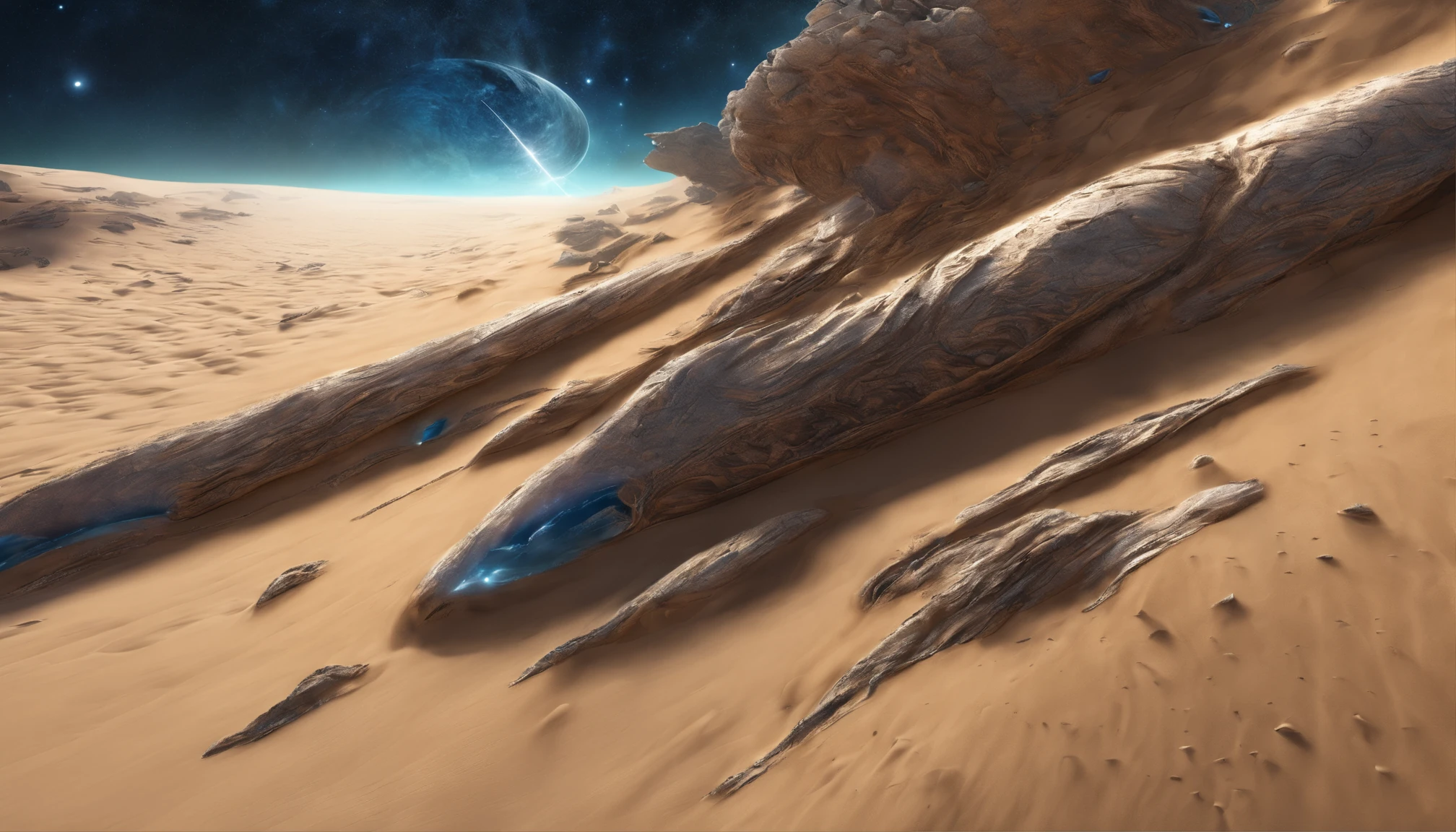 huge planet, the night, starrysky, surrealism, masutepiece, hight resolution、Impressive Milky Way:1.9、sand beach、Vast blue ocean、Blue glacier、lightning bolt:1.9、Protoplanets