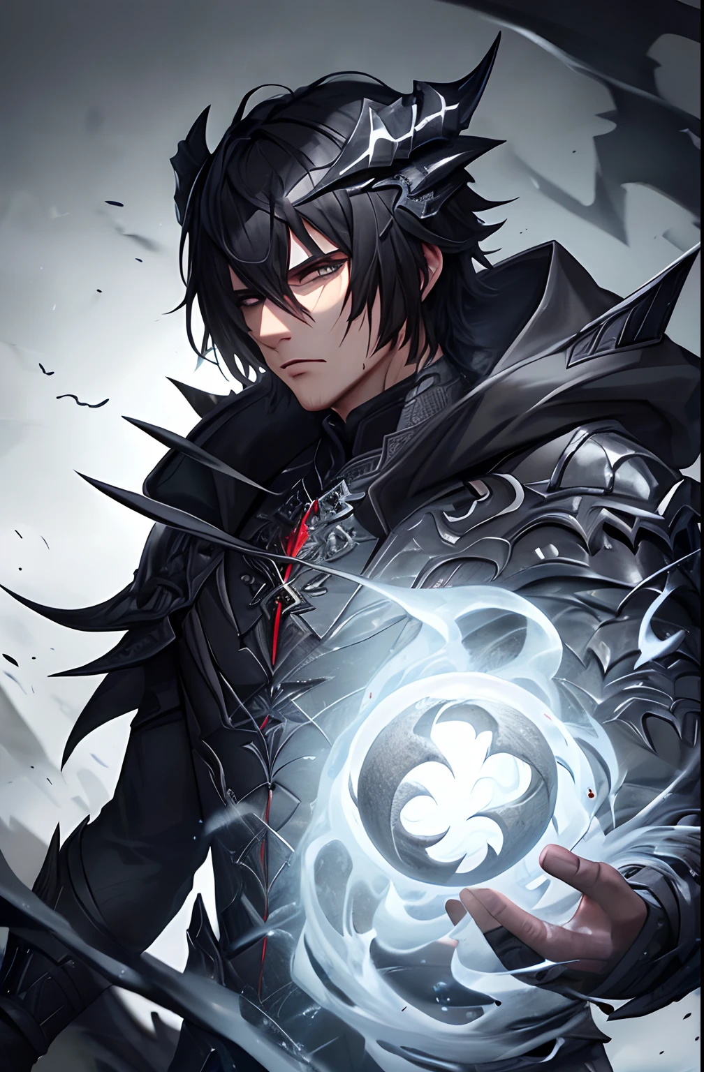 kk, best quality, more details, masterpiece, 1 Colored grey dragon boy, male focus, solo, black background, bangs, dragon scales, black scales, grey horns, long claws, high quality, grey eyes, short hair, grey-black hair, clawed hair, hood suit, looking at viewer, luxurious, 8k, detailed, ray tracing, depth of field, cinematic lighting, blood.