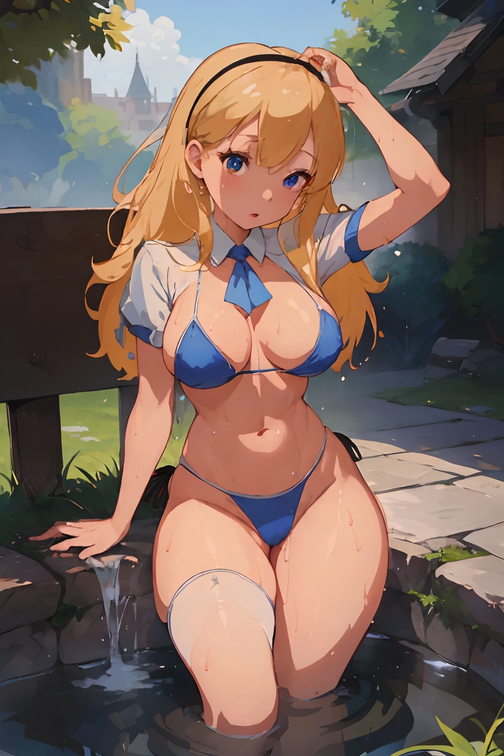 (​masterpiece、top-quality;1.3)、ighly detailed、atlibrary、Black Hair Band、Blonde long hair、big breast beauty、The crotch is wet、Orgy、Rape、teats、Opening legs、Blue string bikini、tits out、Red cheeks、all-fours、barechested