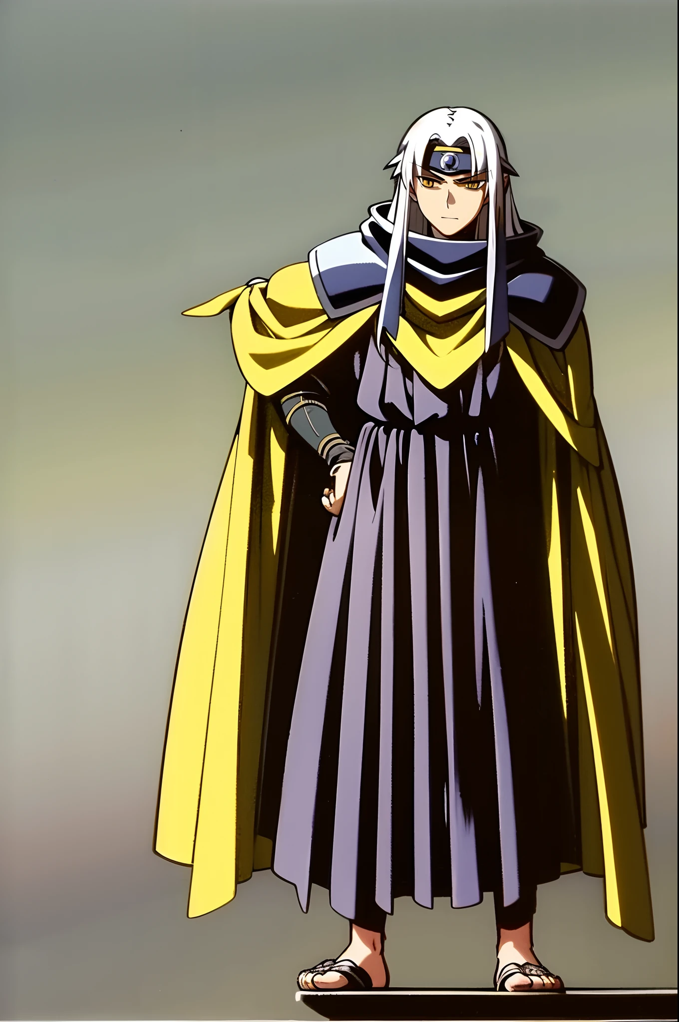 silver hair, long hair, yellow eyes, bandana, militari uniform, cape, tall,scarf, full body, flipflops, 1boy