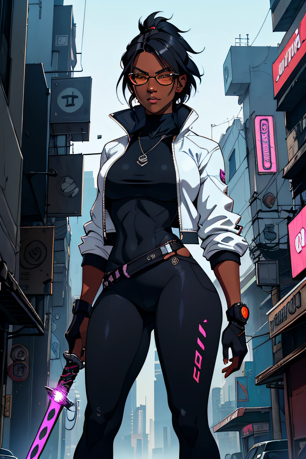 1mulher, usando mascara cirurgica, altura mediana, cabelo gradiente preto e azul, aviator glasses, robotic arm, Robotic leg, camisa larga branca, short largo preta, barefoot, gordinha, right hand on back holding a long sword, left hand on waist, olhar raivoso, pose de luta, Roupa suja, roupa rasgada, sujeira na pele, fundo da cidade cyberpunk