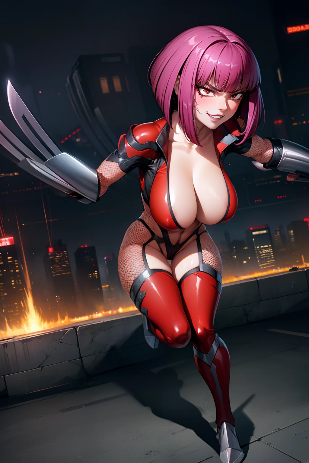 1girl, solo, mature female, dynamic pose, looking at viewer, (attack, charging forward:1.2), (incoming attack:1.1), (clawed gauntlets:1.2), (claws:1.2), cityscape, cyberpunk city complex background, evil, furious, clenched teeth, purple hair, short hair, bangs, low ponytail, eyeshadow, lipstick, makeup, detailed face, red eyes, Mainsuit, (fishnets:1.1), center opening, thigh boots, , cleavage,