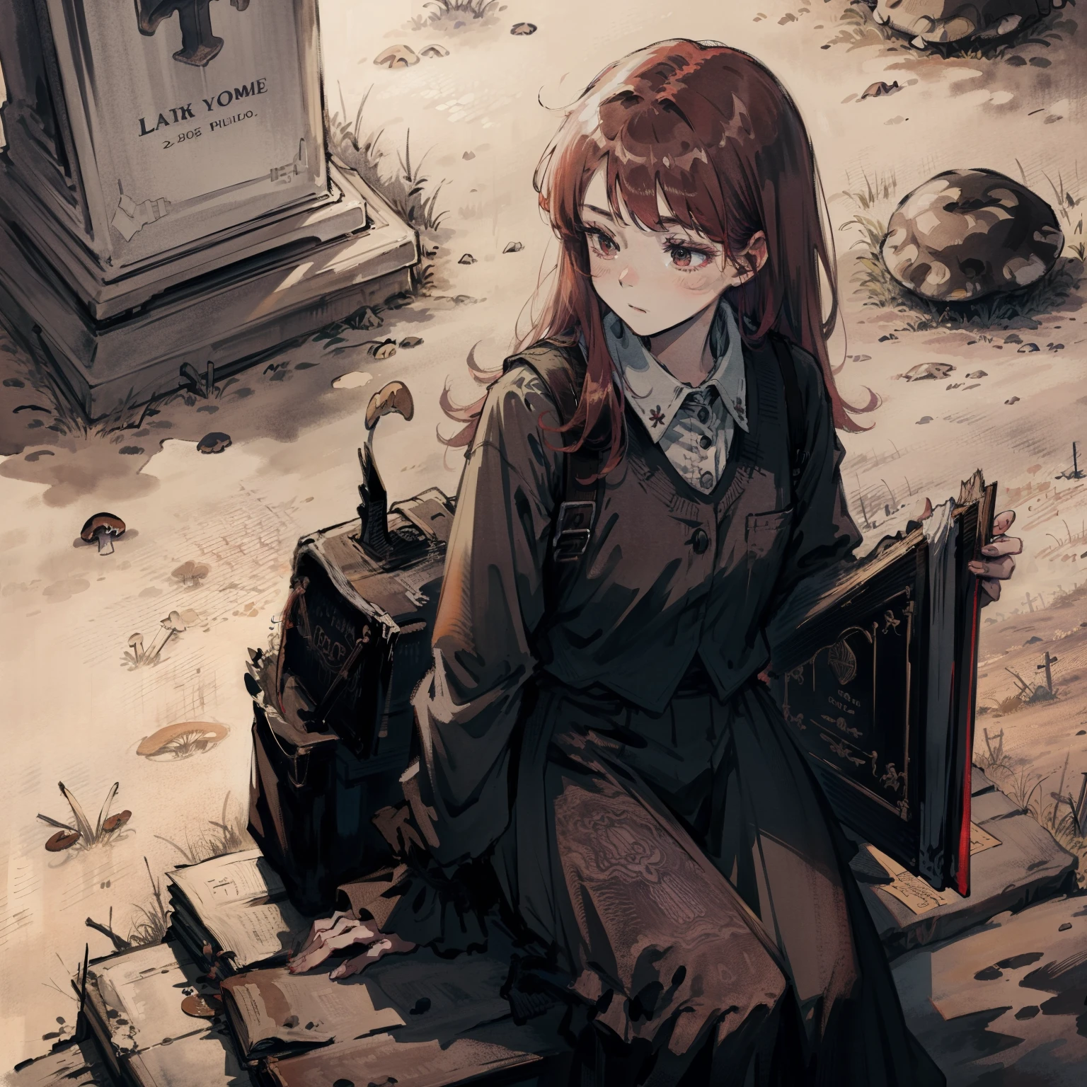Beautiful and aesthetic,, Solo,Cute,Red hair,pleatedskirt,Dance,burial site,grave stones,Cogumelos,Mushrooms,Huge mushrooms,spore,(glowing ambiance, enchanting glow, luminouslighting, Ethereal atmosphere,Watercolor illustration, Perfect anatomy, Masterpiece, Best quality, 1girll, li,eookbag,Nature, landscape