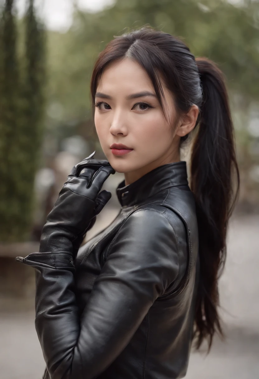 Japanese girl with black hair ponytail with black leather gloves, black leather riders, black leather skinny pants in both hands