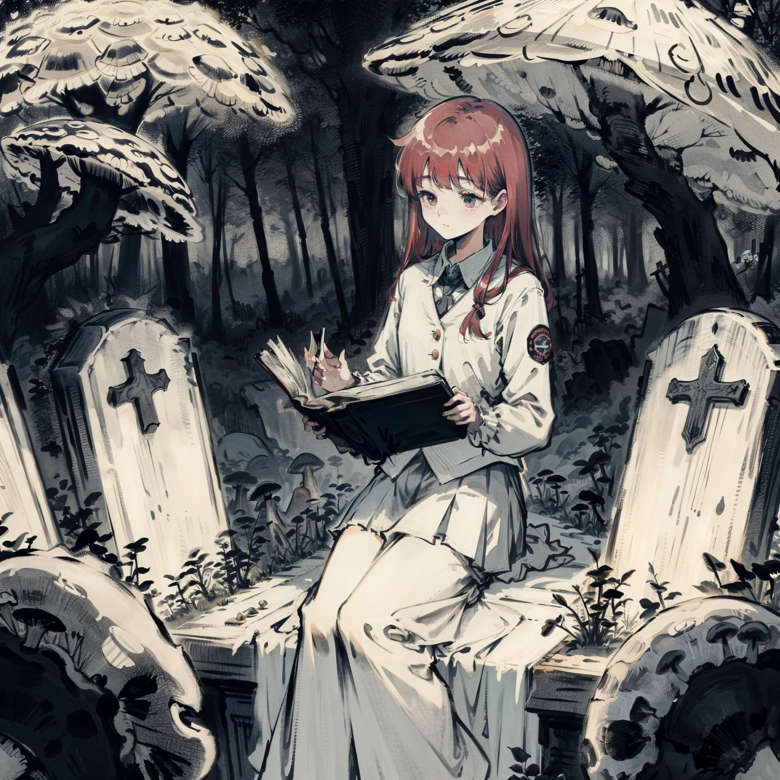 Beautiful and aesthetic,, Solo,Cute,Red hair,pleatedskirt,Dance,burial site,grave stones,Cogumelos,Mushrooms,Huge mushrooms,spore,(glowing ambiance, enchanting glow, luminouslighting, Ethereal atmosphere,Watercolor illustration, Perfect anatomy, Masterpiece, Best quality, 1girll, li,eookbag,Nature, landscape