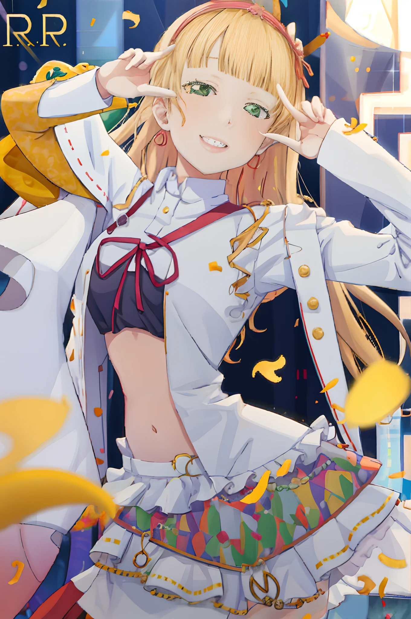 Love Live Superstar、Members of School Idol Liera、Sumire Hirana、 Uniform with navel out、Face forward and show your navel to this side、standing straight ahead.Front Angle、lowrise.Midriff、Expand the navel with your fingers、Navel、a blond、Longhaire、hips with a large navel are directed forward