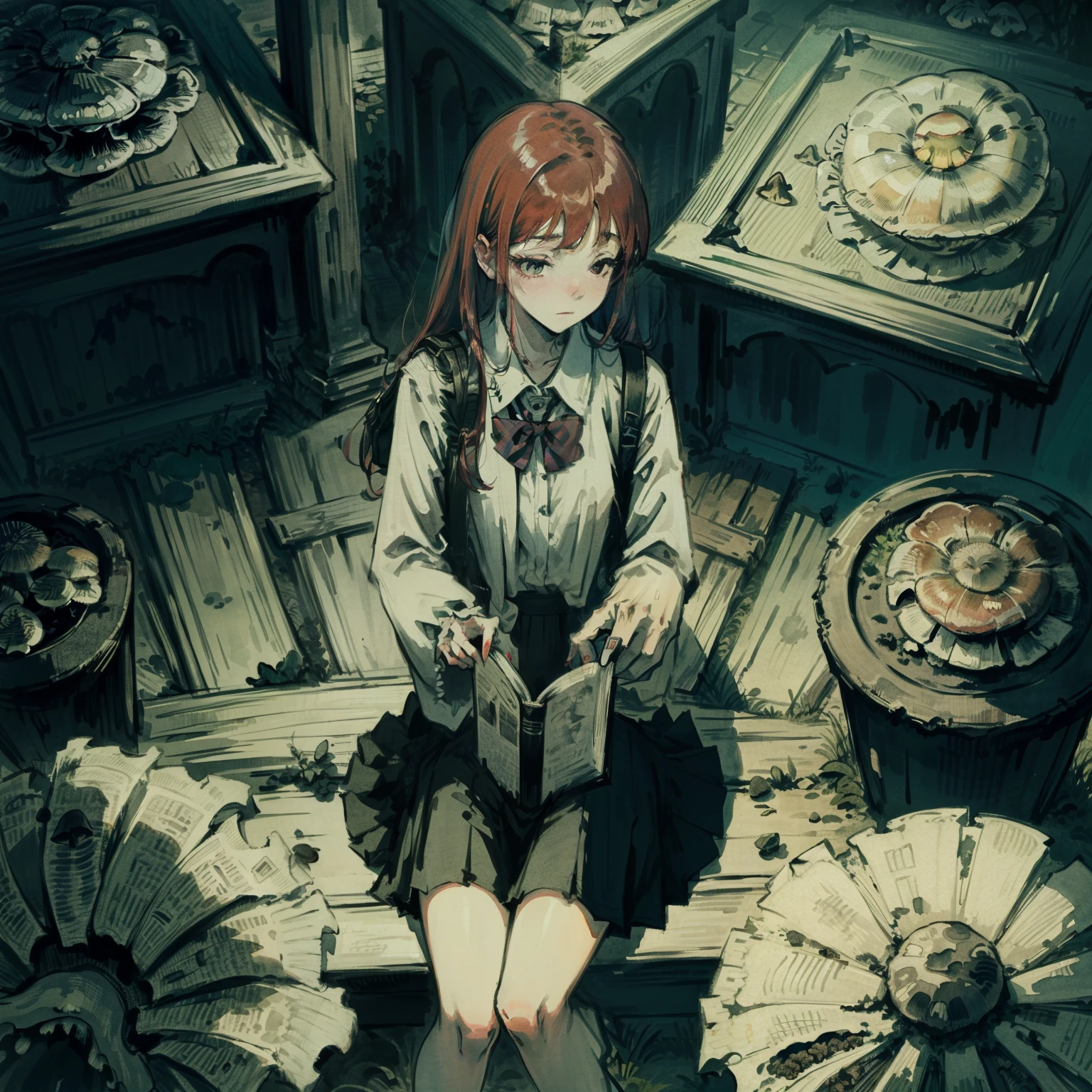 Beautiful and aesthetic,, Solo,Cute,Red hair,pleatedskirt,Dance,burial site,grave stones,Cogumelos,Mushrooms,Huge mushrooms,spore,(glowing ambiance, enchanting glow, luminouslighting, Ethereal atmosphere,Watercolor illustration, Perfect anatomy, Masterpiece, Best quality, 1girll, li,eookbag,Nature, landscape