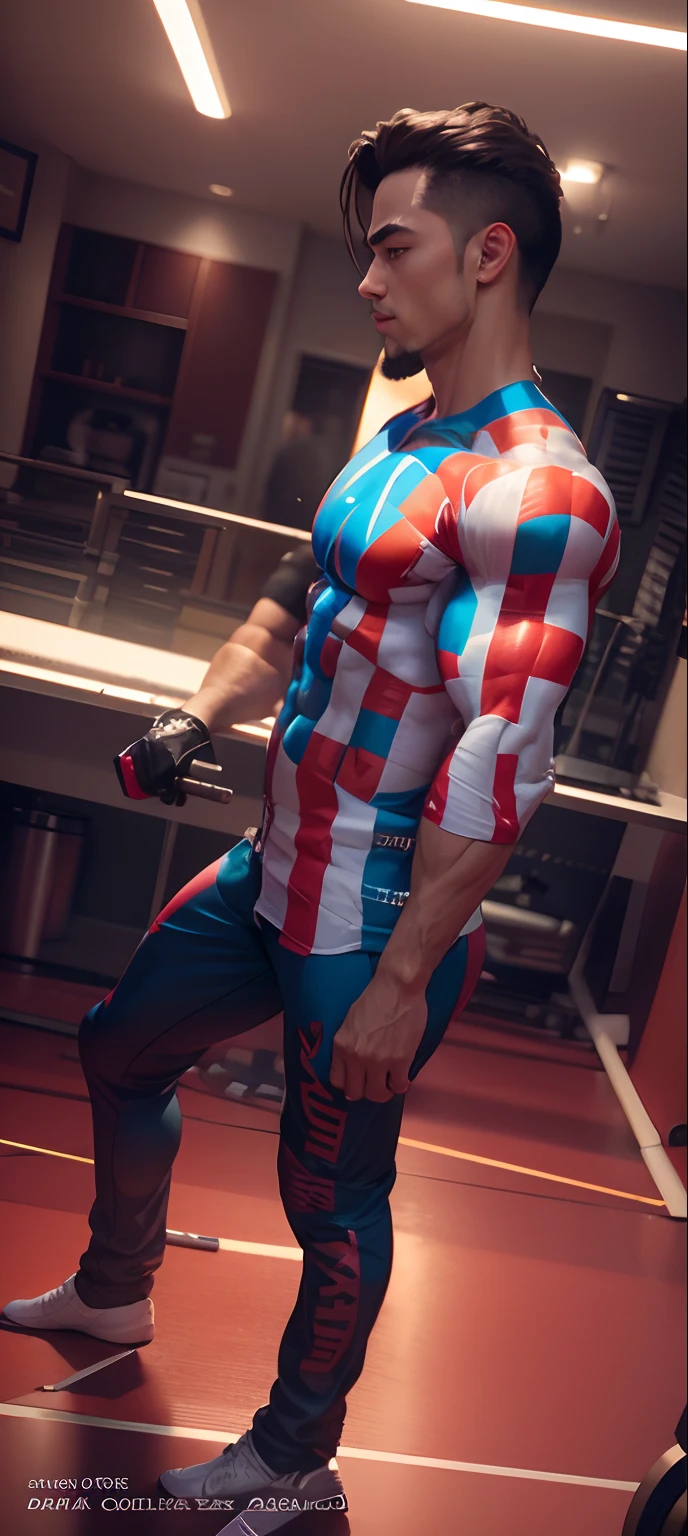 Brimstone, Brimstone /(Valorant/), realistic, best quality, male focus, 1boy, looking at viewer, crop top, rainbow, colorful outfit, casual outfit, masterpiece, facial hair, volumetric lighting, pride parade, pride flags, city background, bara<lora:BrimstoneValorant-000008:0.8>