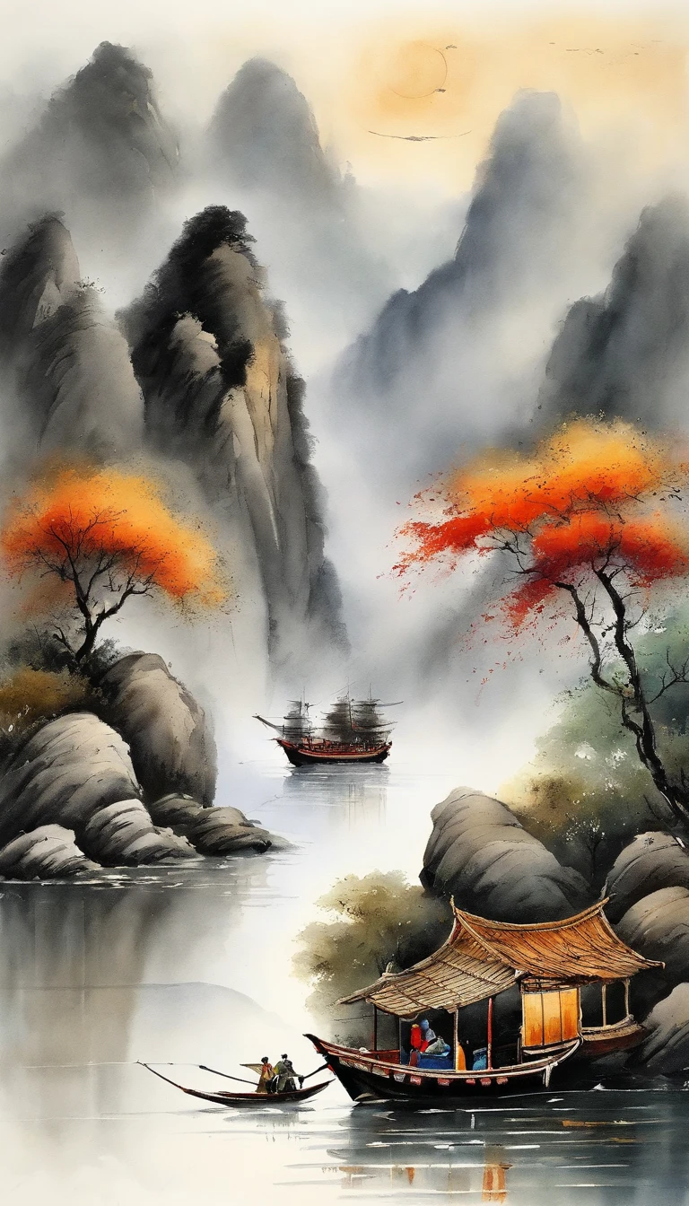 Chinese landscape painting,ink and watercolor painting,water ink,ink,Smudge,Faraway view,Ultra-wide viewing angle,Meticulous,Light boat in the distance,Faraway view,Meticulous,Smudge,low-saturation,Low contrast,The light boat has crossed the Ten Thousand Heavy Mountains,Beautifully depicted,A detailed,acurate,Works of masters,tmasterpiece