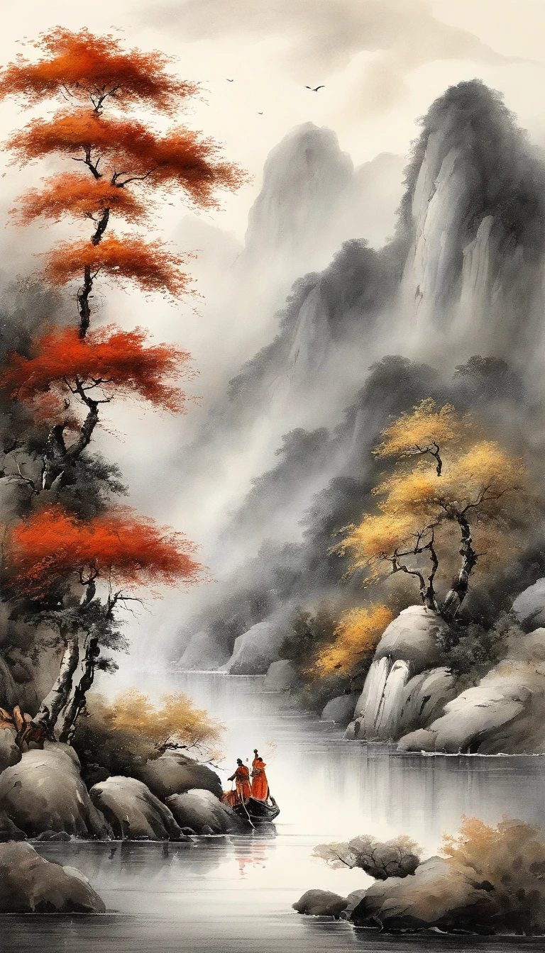 Chinese landscape painting,ink and watercolor painting,water ink,ink,Smudge,Faraway view,Ultra-wide viewing angle,Meticulous,Light boat in the distance,Faraway view,Meticulous,Smudge,low-saturation,Low contrast,The light boat has crossed the Ten Thousand Heavy Mountains,Beautifully depicted,A detailed,acurate,Works of masters,tmasterpiece