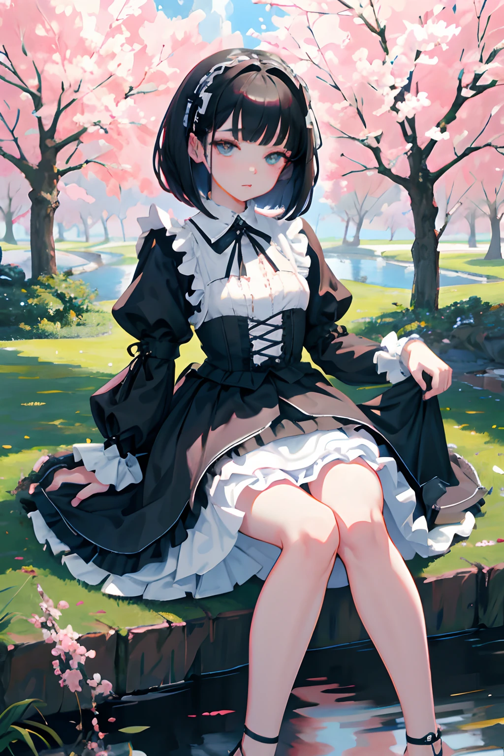 Knees，Curtsey，lift up one's skirt，child，（​masterpiece，Highest Quality），(shortsleeves，White Gothic Lolita)，Sleepy face，Round eyes，A dark-haired，Semi-long bob，bare-legged，small stream，cherry trees，undergarment