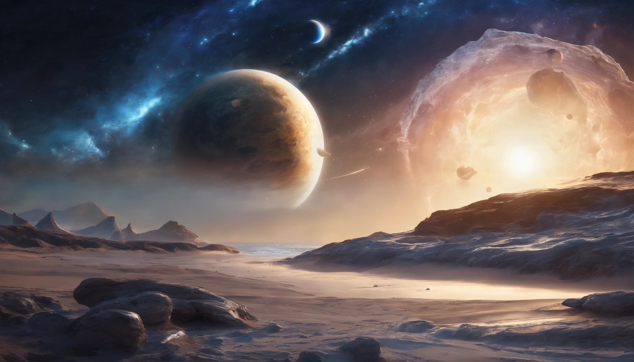 huge planet, the night, starrysky, surrealism, masutepiece, hight resolution、Impressive Milky Way:1.9、sand beach、Vast blue ocean、Blue glacier、lightning bolt:1.9、Protoplanets