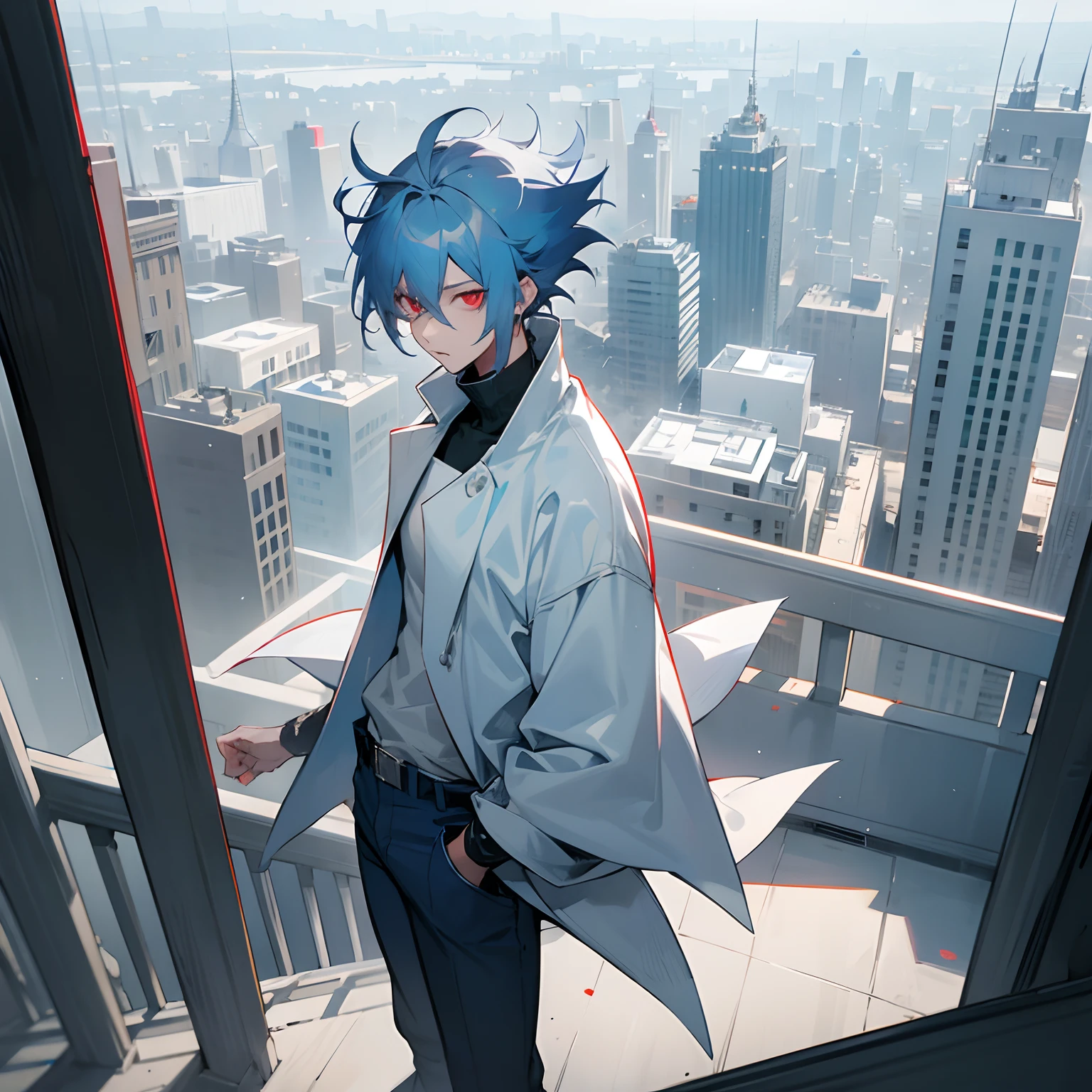 Greyish Blue hair , medium length hair , wolf cut hair, white modern turtleneck and blue jeans , Jujutsu Kaisen , Bright Red eyes , city setting, standing, 1male , spiky hair , messy hair , white clothing , lean build