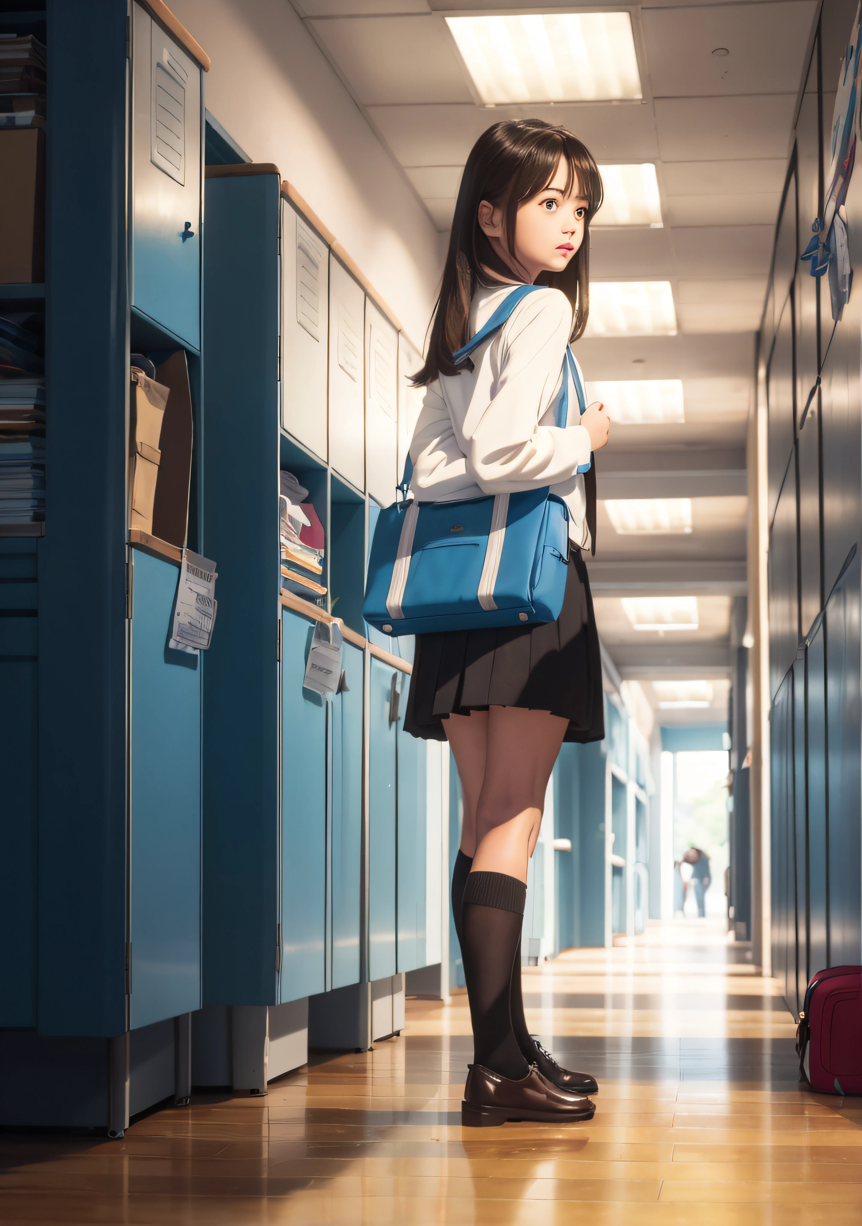 RAW image quality、8K分辨率、Ultra-high-definition CG images、Create a girl character with a unique blend of ultra-realism and anime style, Draw a serious protagonist, ambitious, A little shy, And caring for her friends, with long brown hair,,,, Bright blue eyes, For standard uniforms、I have a school bag; Her pose is conversing with a friend while holding a textbook, Set as background for school hallways and lockers, Soccer ball at your feet, poster for, And other students, A balanced color scheme of soft pastel and warm tones、Expressing a lively youth, While avoiding non-human structures and physically impossible movements, Ensure quality and precision down to the smallest detail. fully body photo,