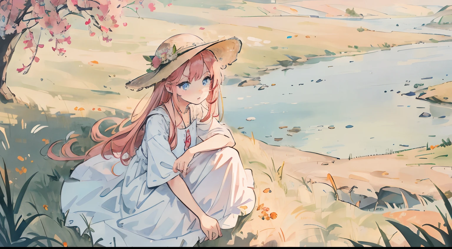 1 girl, long orange-pink hair, blue eyes, wearing white dress, straw hat, outside, summer day, bright grassy scenery, cozy, high res, ultrasharp, 8K, masterpiece