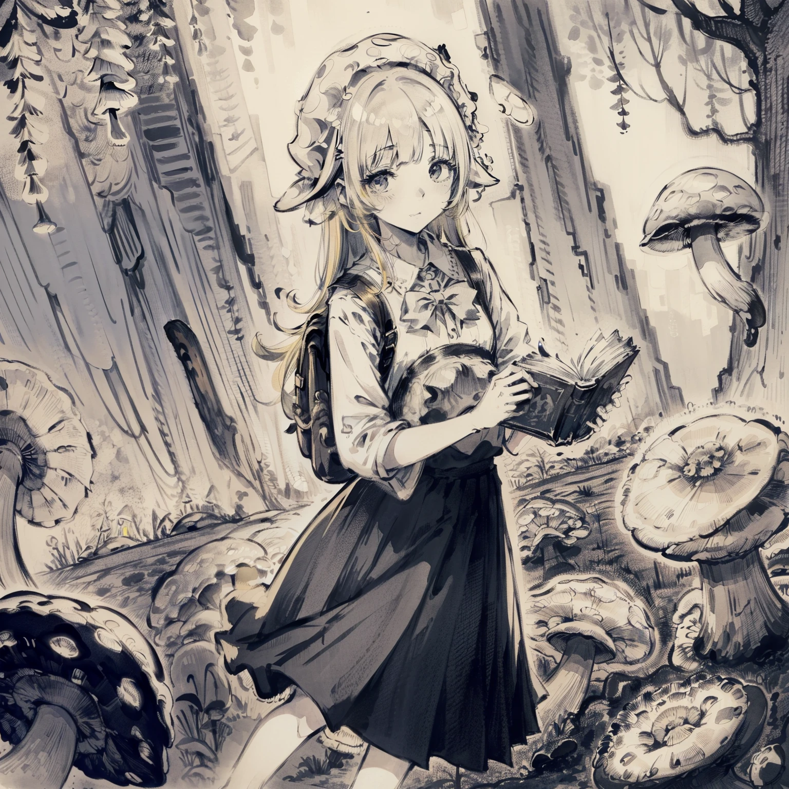 Beautiful and aesthetic,, Solo,Cute,Yellow hair,pleatedskirt，Dance，Cogumelos，Mushrooms，Huge mushrooms，spore，(glowing ambiance, enchanting glow, luminouslighting, Ethereal atmosphere,Watercolor illustration, Perfect anatomy, Masterpiece, Best quality, 1girll, ****,elementary student,bookbag，Nature, landscape