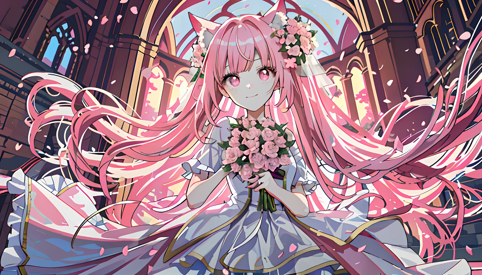 Bride with long pink hair holding a wedding bouquet in both hands,Fox ears and tail,Hold flowers in both hands,Garden background outside the church,Gorgeous light wedding dress with a long skirt,Cherry blossoms flying,Flowing skirts and hair,43 compositional method,the golden ratio,Pupil highlight,Meticulous facial depiction,Facial flushing,ssmile,Natural light,The picture is bright,Pink theme,Meticulous characterization,Meticulous scene depiction,Meticulous hand depiction,Meticulous eye depiction,Meticulous bouquet depiction,Scene blanking,Blue sky,Pupillary details,Finger details,with fair skin,Multi-layered pupils,Huge eye kernel,Character Spotlight,depth of fields,4k,8k,hight quality,High pixel accuracy,High pixel,HighestQuali