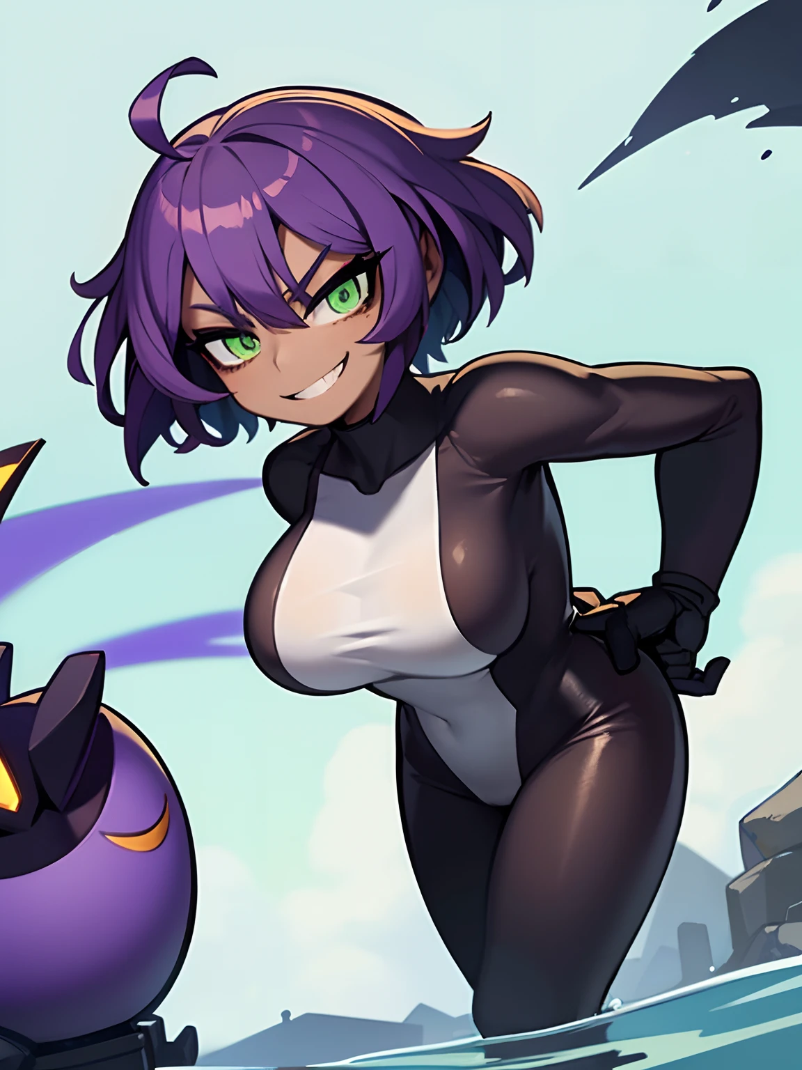 ((​masterpiece、top-quality))、(独奏)、(female focus)、(Ahoge、Purple hair、short-hair)、Green eyes、lightsmile、placket、Colossal tits、Dark skin、(rubbersuit)、is standing、White background、back arms、dynamic ungle、A smile、getting wet