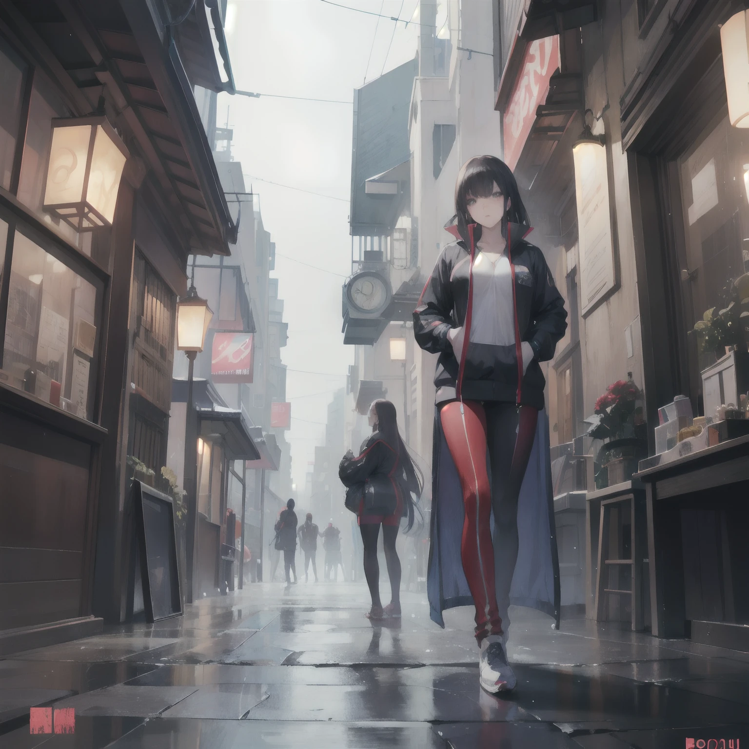 raining night,City,A beautiful woman in a tracksuit wears a sportswear on the bustling streets of Gintama, surrounded by vendors, beautiful portrait of a stunning goddess girl, Beautiful detailed face, Porcelain skin, Full body shot, Centered, ultra soft lighting, symetry, Intricate, elegant, Highly detailed, Photorealistic, art  stations, concept-art, smooth, as imagined by greg rutkowski and borris vallejo, cover, in fashion style