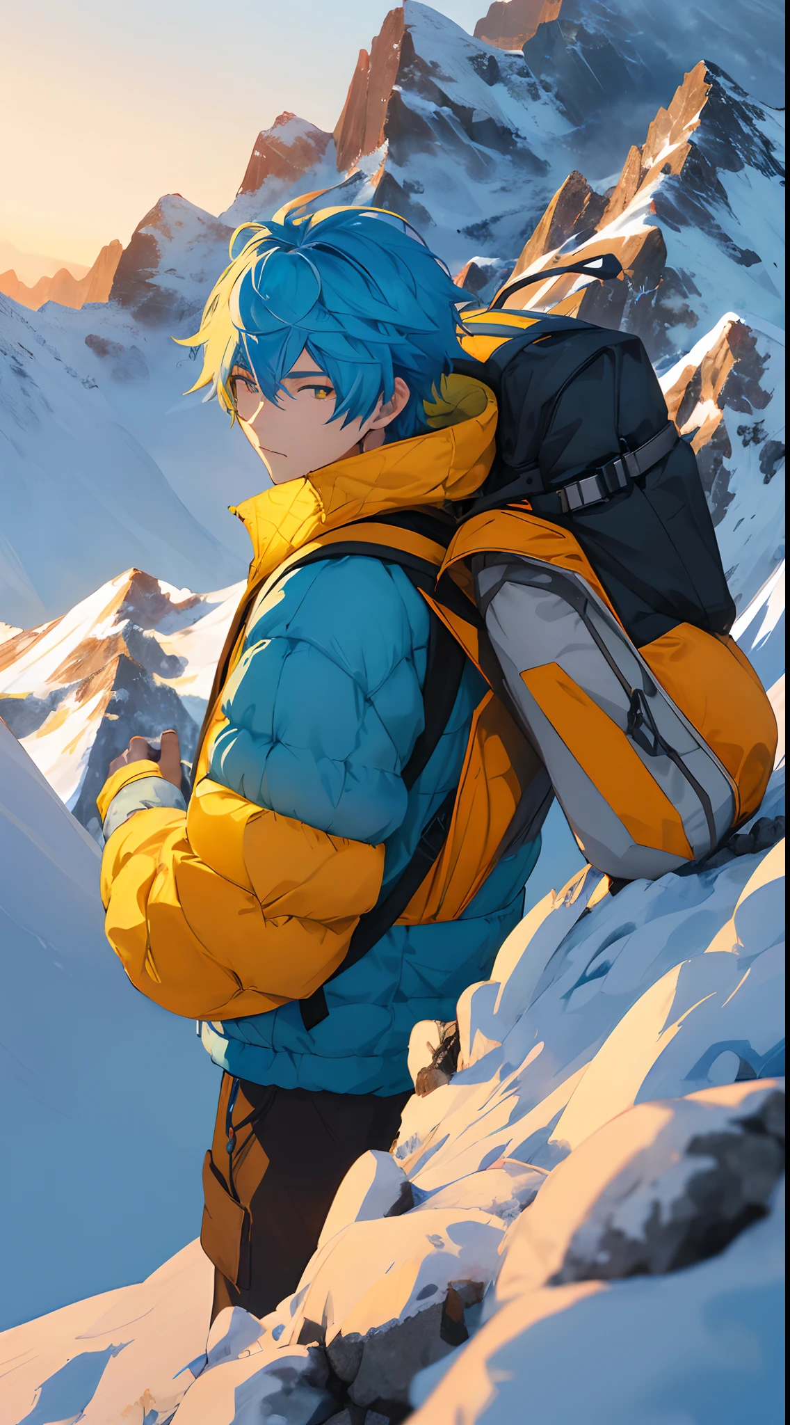 (​masterpiece、top-quality、hightquality)、male people、ember, 独奏、20-year-old male、Snow-capped mountain climbing、backpack、Light blue hairstyle with yellow mesh、