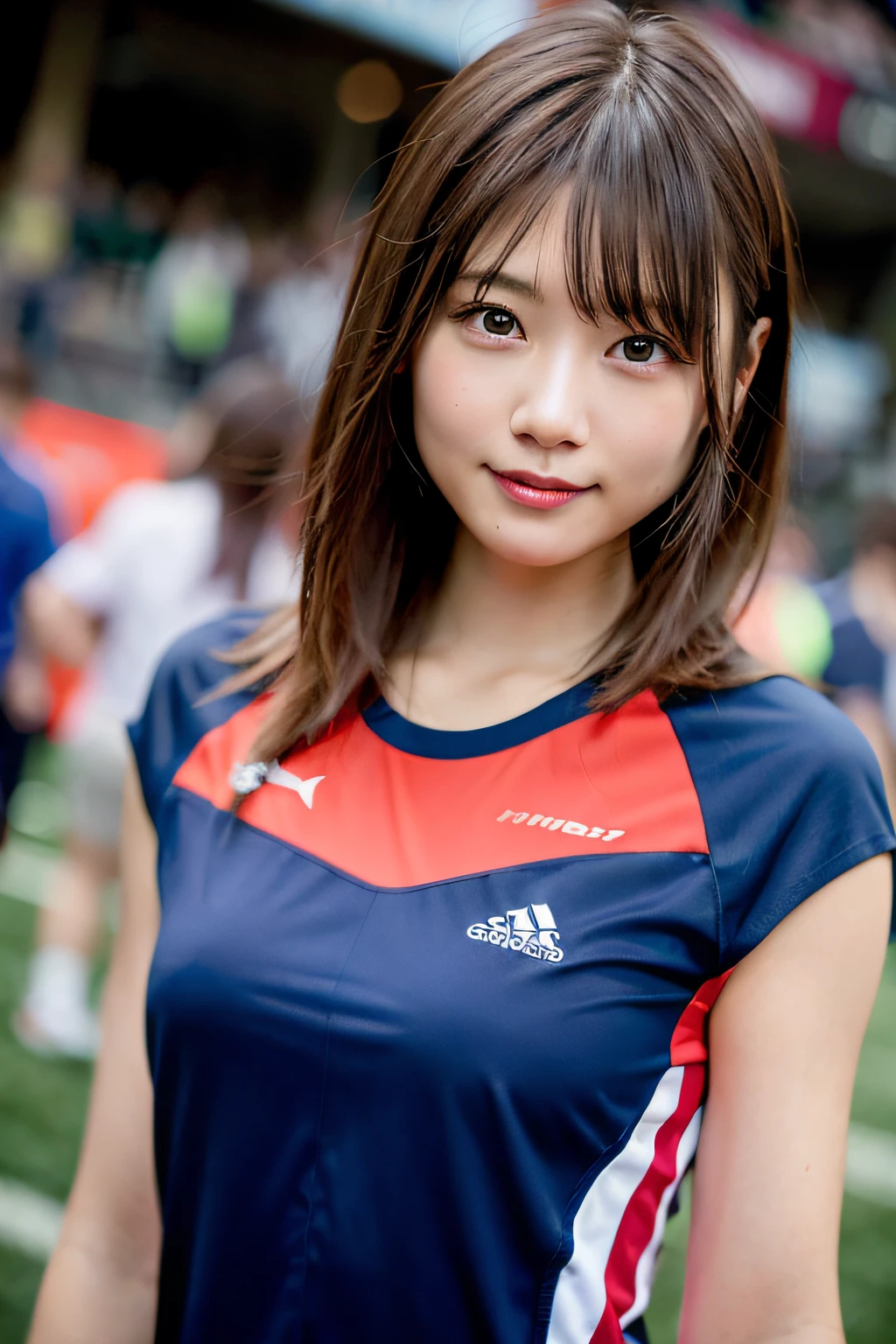 (8K、Raw photography、top-quality、​masterpiece:1.2)、(realisitic、Photorealsitic:1.37)、ultra-detailliert、超A high resolution、1人、see the beholder、beautifull detailed face、a smile、Constriction、(Slim waist) :1.3)、Shirts、Beautiful detailed skin、Skin Texture、Floating hair、Professional Lighting、Whole human body、Longhaire、a blond、Women's Marathon Uniforms、athletic field