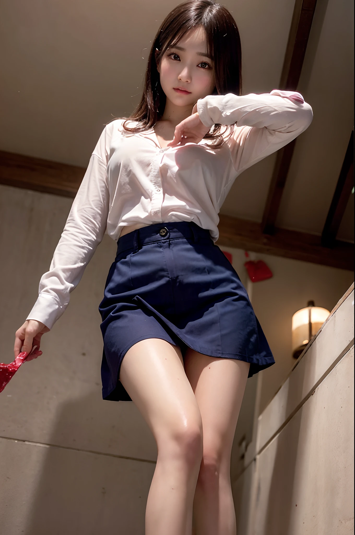 the Extremely Detailed CG Unity 8K Wallpapers、top-quality、ultra-detailliert、​masterpiece、realisitic、Photo Real、extremely detailed cute girl、18year old、(skirt rift)、(skirt lift by yourself))、white  panties、panties focus、red blush、cparted lips、looking at the viewers、Semi-body shot、Wearing a ruffled shirt、lower back