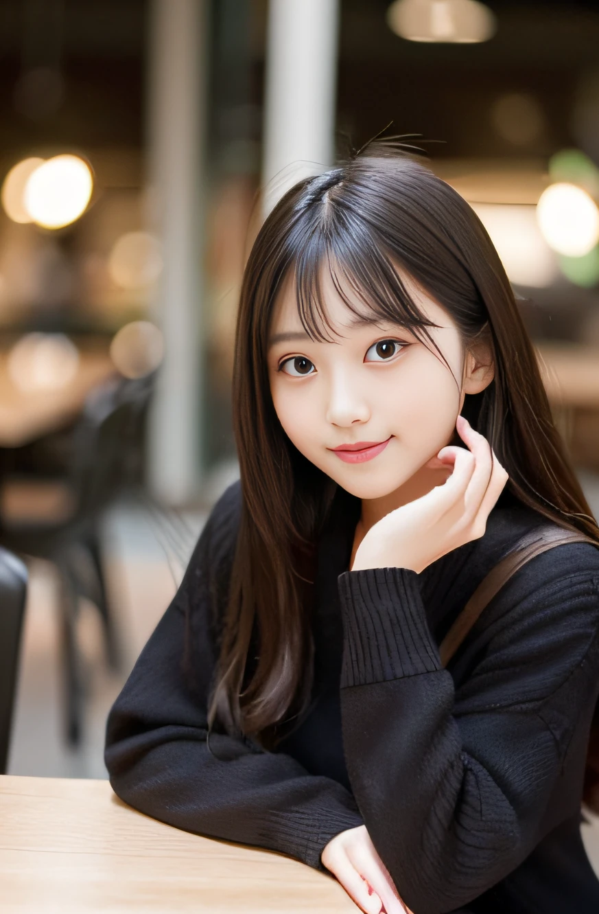 1girl, black hair, (:1.3),
A girl is sitting at the table across from me in the cafe, a cup of cafe latte on the table, She is chatting with me, (whole body:1.3), a somewhat long face, loving gaze,
(8k, RAW photo, best quality, masterpiece:1.2), High detail RAW color photo, professional photograph,(realistic, photo realistic:1.2), ((best quality)), bokeh, using reflectors, f/1.4, 50mm,
japanese girl, detailed beautiful face, finely detailed face, (bashful smile:1.2),captivating smile, beautiful, extremely pretty, cute like a doll, female idol, round big eyes, small nostrils,