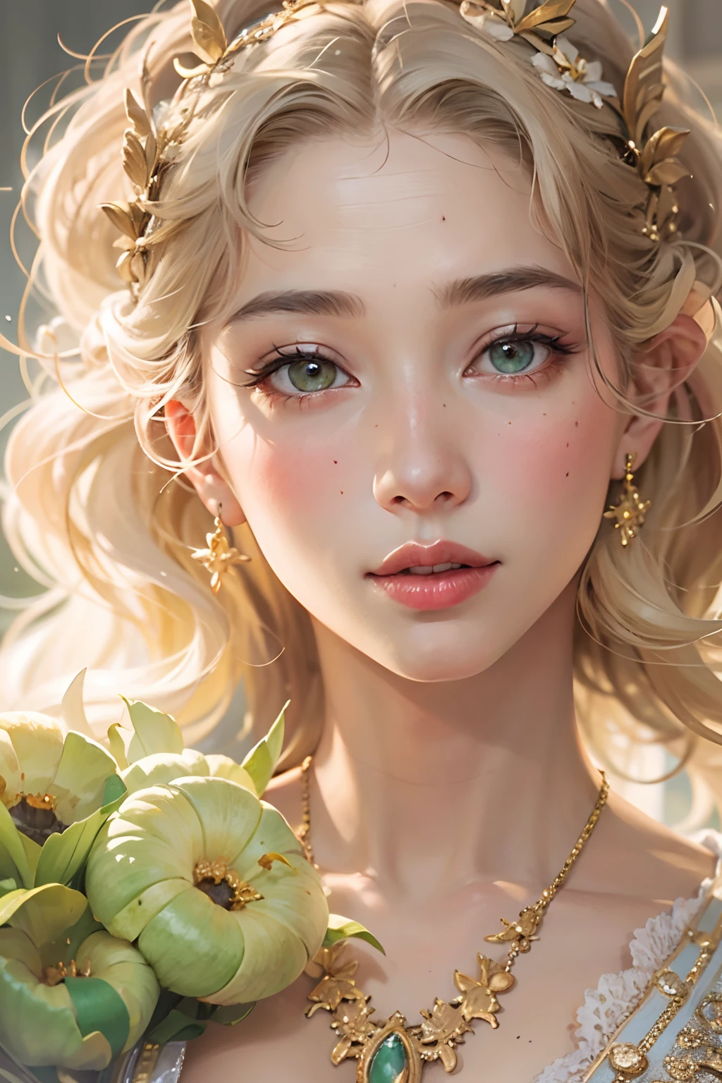 (best quality,ultra-detailed,realistic:1.37),supernatural skin texture,soft lighting,sharpness revealed),masterpiece,high resolution,finely crafted contours,golden hair,flawless complexion,detailed eyes and face,rosy cheeks,delicate eyebrows,velvet-smooth skin,lush eyelashes,petal-like lips,ornate hairpin with pearls and jade,ethereal beauty,elegance and grace,radiant colors,subtle sheen,artistic aura,impeccable artistry,sublime delicacy,splendid surrealism.