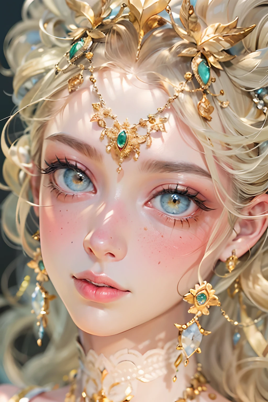 (best quality,ultra-detailed,realistic:1.37),supernatural skin texture,soft lighting,sharpness revealed),masterpiece,high resolution,finely crafted contours,golden hair,flawless complexion,detailed eyes and face,rosy cheeks,delicate eyebrows,velvet-smooth skin,lush eyelashes,petal-like lips,ornate hairpin with pearls and jade,ethereal beauty,elegance and grace,radiant colors,subtle sheen,artistic aura,impeccable artistry,sublime delicacy,splendid surrealism.