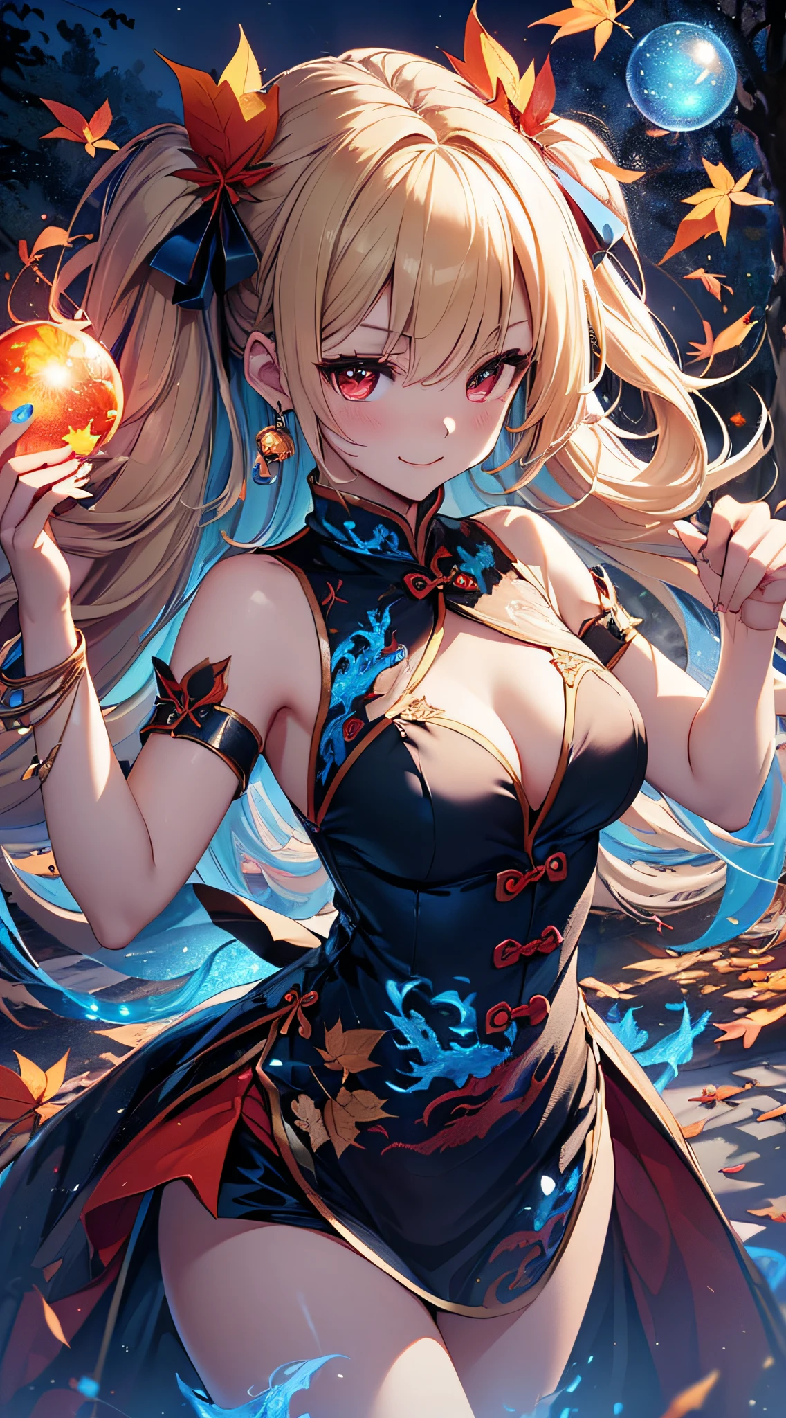 top-quality、Top image quality、​masterpiece、girl with((18year old、Black and red cheongsam、Best Bust、Bust 90、Blonde twintails、Red Eyes、open chest wide、Valley、Happiness、A slender、ssmile、Blue aura on both arms、Glass Hair Fastening、Reflecting the whole body、fighting poses)）hiquality、Beautiful Art、Background with((Park of autumn leaves at night、Floating blue fireball、Fantastic world、blue flames、Fire Dragon))、masutepiece、Elaborate design、visualart、