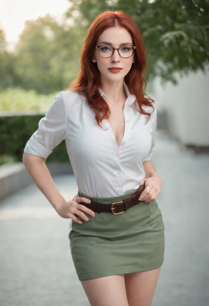 ((Masterpiece)) an office setting. There is 1 woman, she is american. There is a full body view of her. She is pulling apart her shirt. She has red hair that is tied back in a ponytail. She has green eyes and wears glasses, she is smiling demurely. She has a slim figure with large breasts. She us wearing a white button up top she has pulled open and a red and blue costume is visible, she has a blue skirt on with bare legs and black heels. She has long red hair thats flows behind her like in a breeze. She has Green eyes. (Full body shot) (hand on hip pose) (measurements 36 24 36)