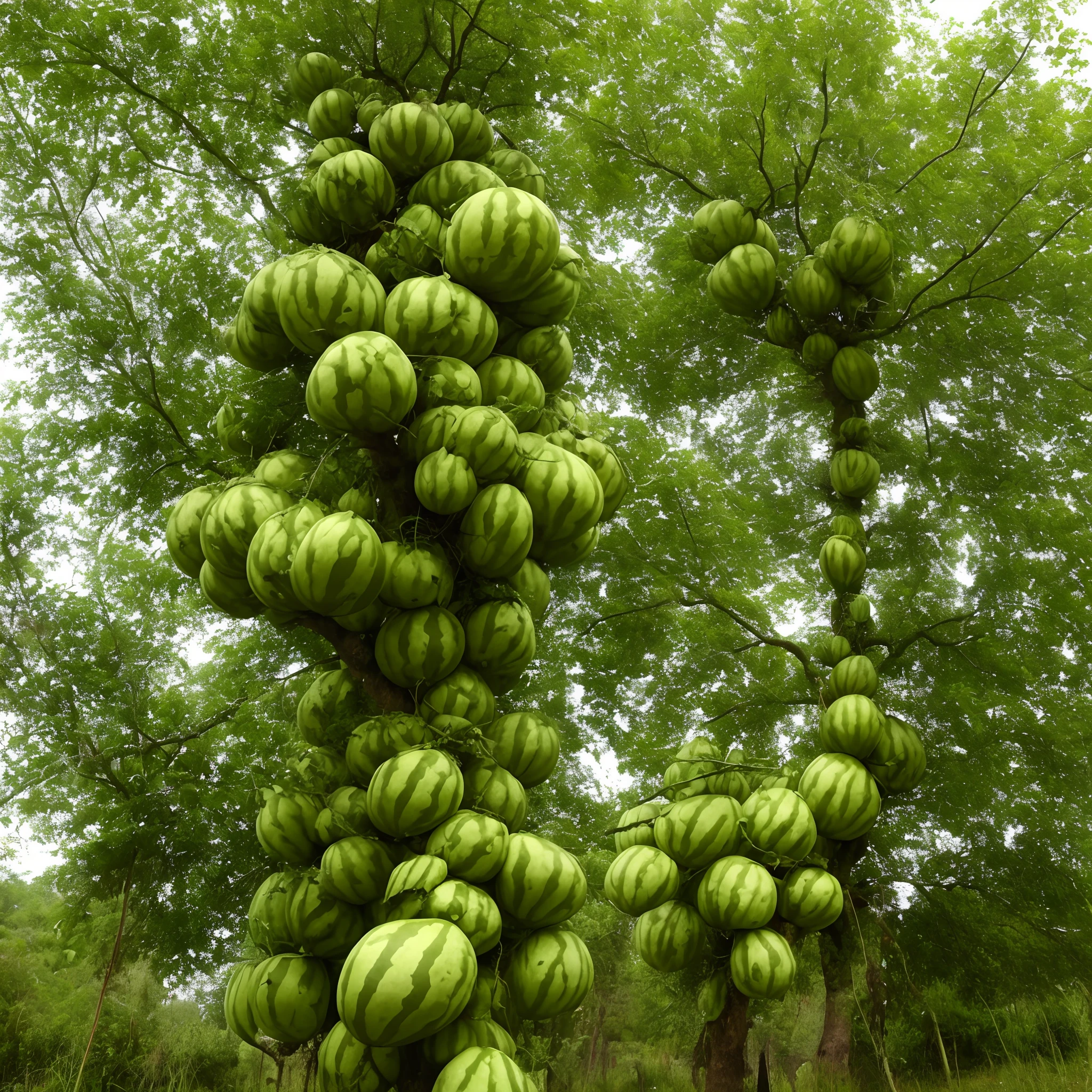Watermelon tree, watermelon on top of the tree, Green watermelon tree, foto de arvore completa, caule marrom, folhas verdes, melancias verdes.