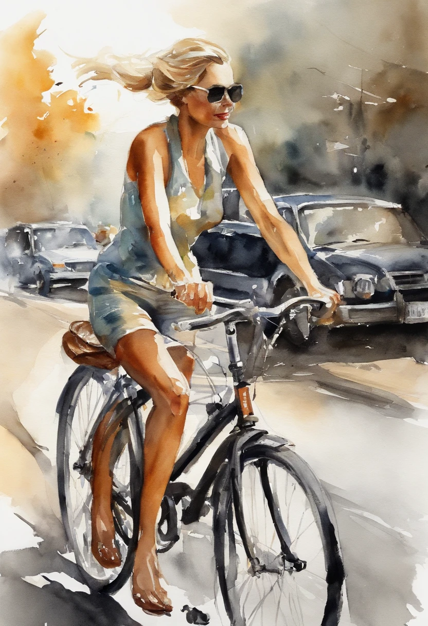Blonde woman pedaling bicycle at high speed、Clothes are black、It is a slender system、Has impressive piercings