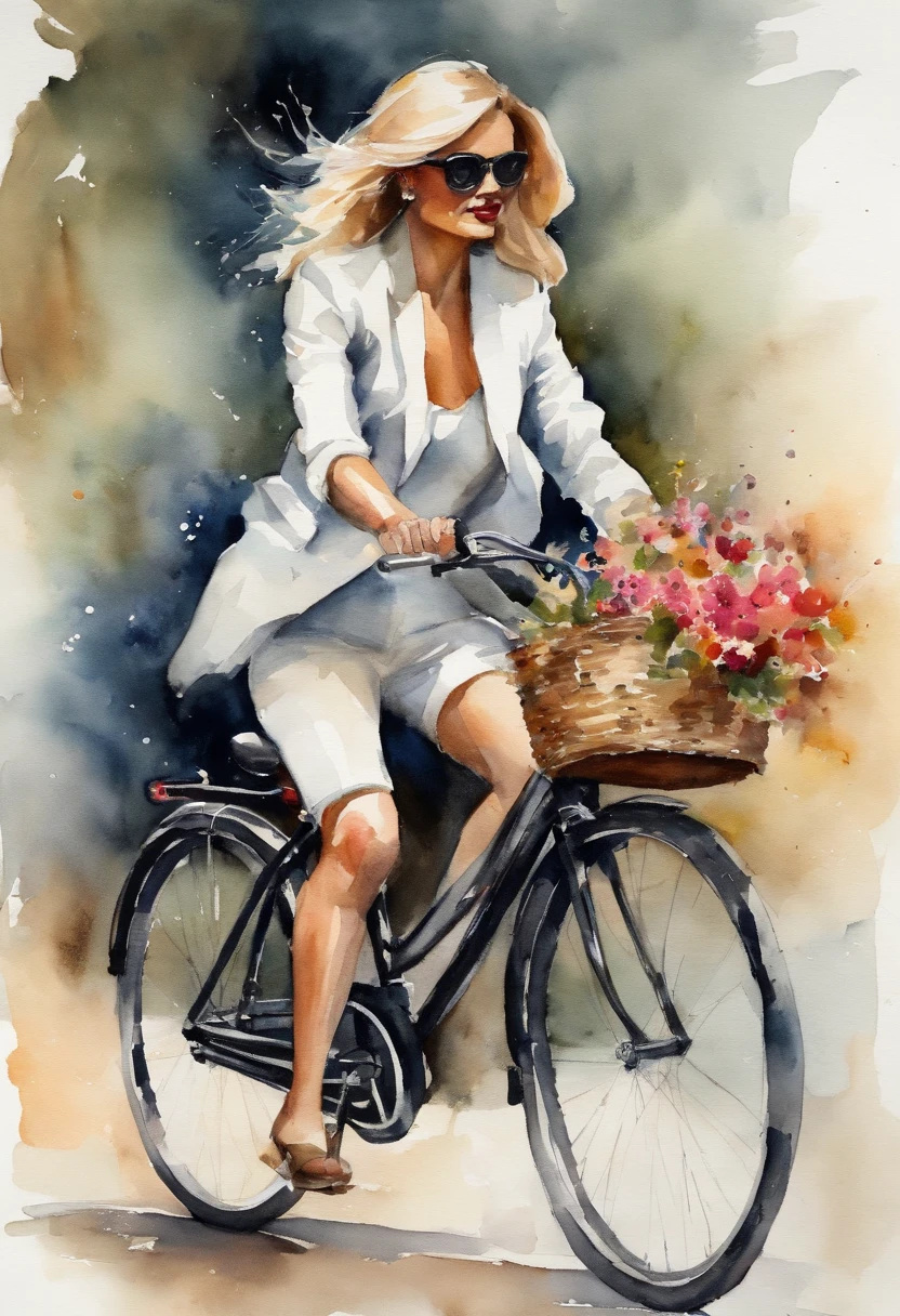 Blonde woman pedaling bicycle at high speed、Clothes are black、It is a slender system、Has impressive piercings