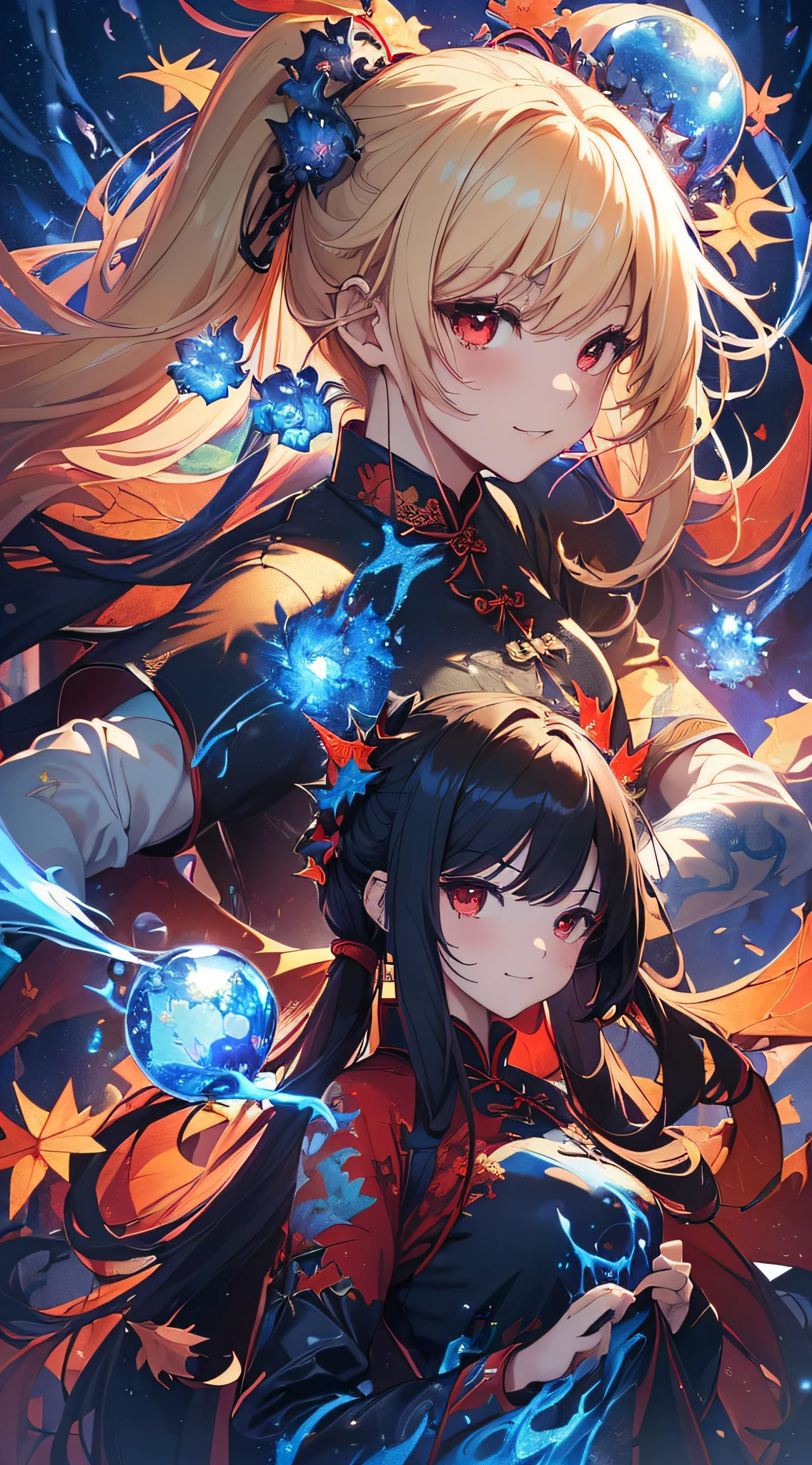 top-quality、Top image quality、masterpiece、girl with((18year old、Black and red cheongsam、Best Bust、Bust 90、Blonde twintails、Red Eyes、open chest wide、Valley、Happiness、A slender、ssmile、Blue aura on both arms、Glass Hair Fastening、Reflecting the whole body、fighting poses))hiquality、Beautiful Art、Background with((Park of autumn leaves at night、Floating blue fireball、Fantastic world、blue flames、Fire Dragon))、masutepiece、Elaborate design、visualart、