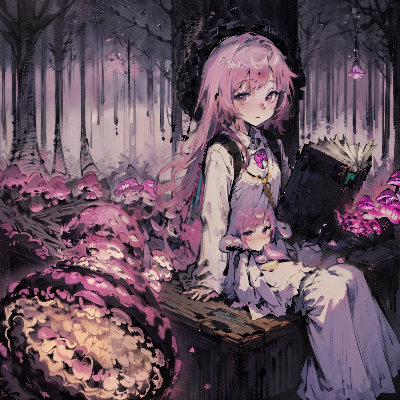 Beautiful and aesthetic,, Solo,Cute,Pink hair,pleatedskirt，Dance，Cogumelos，Mushrooms，Huge mushrooms，spore，(glowing ambiance, enchanting glow, luminouslighting, Ethereal atmosphere,Watercolor illustration, Perfect anatomy, Masterpiece, Best quality, 1girll, Loli,elementary student,bookbag，Nature, landscape