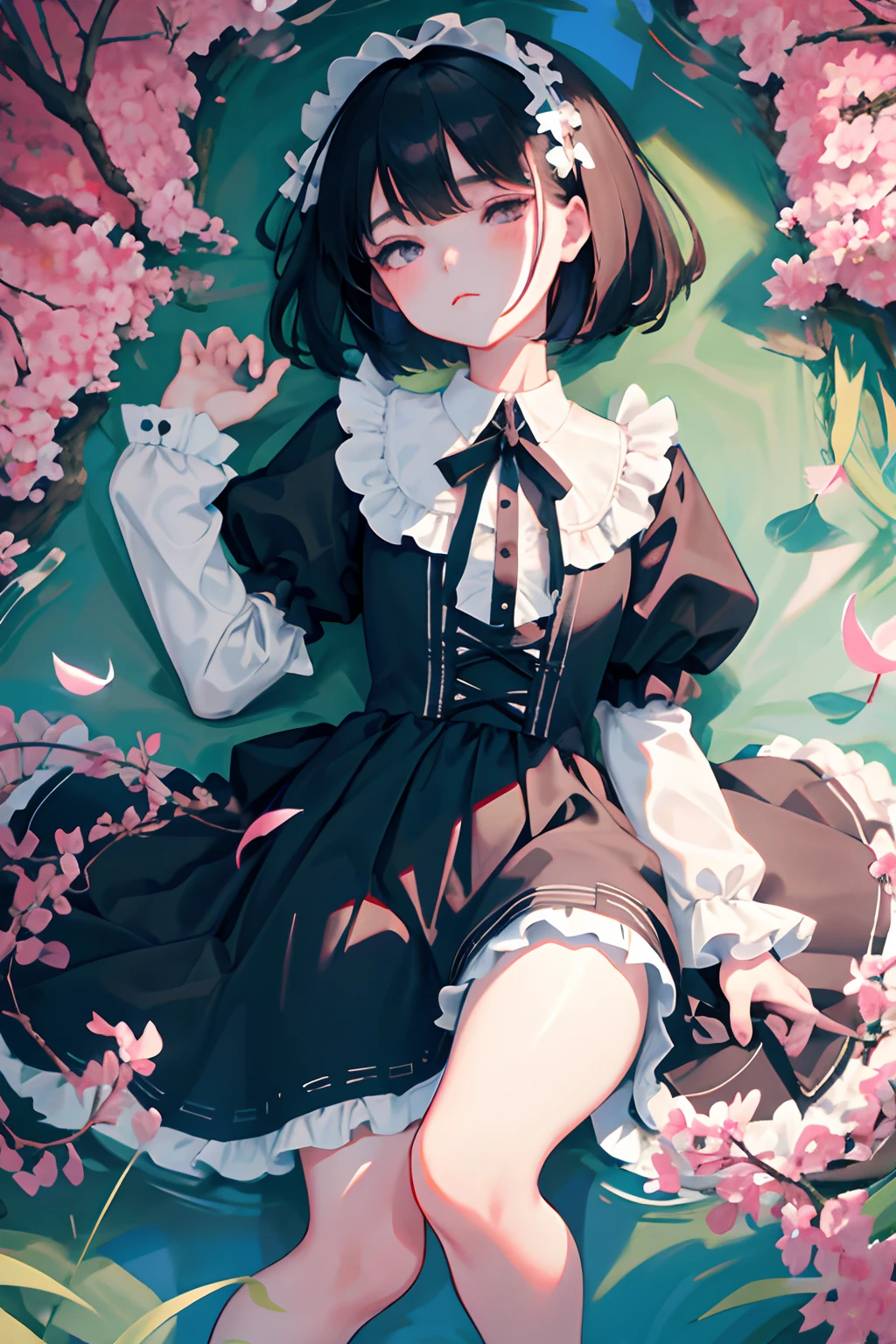 Knees,Curtsey,lift up one's skirt,child,(masterpiece,Highest Quality),(shortsleeves,White Gothic ta),Sleepy face,Round eyes,A dark-haired,Semi-long bob,bare-legged,small stream,cherry trees,undergarment