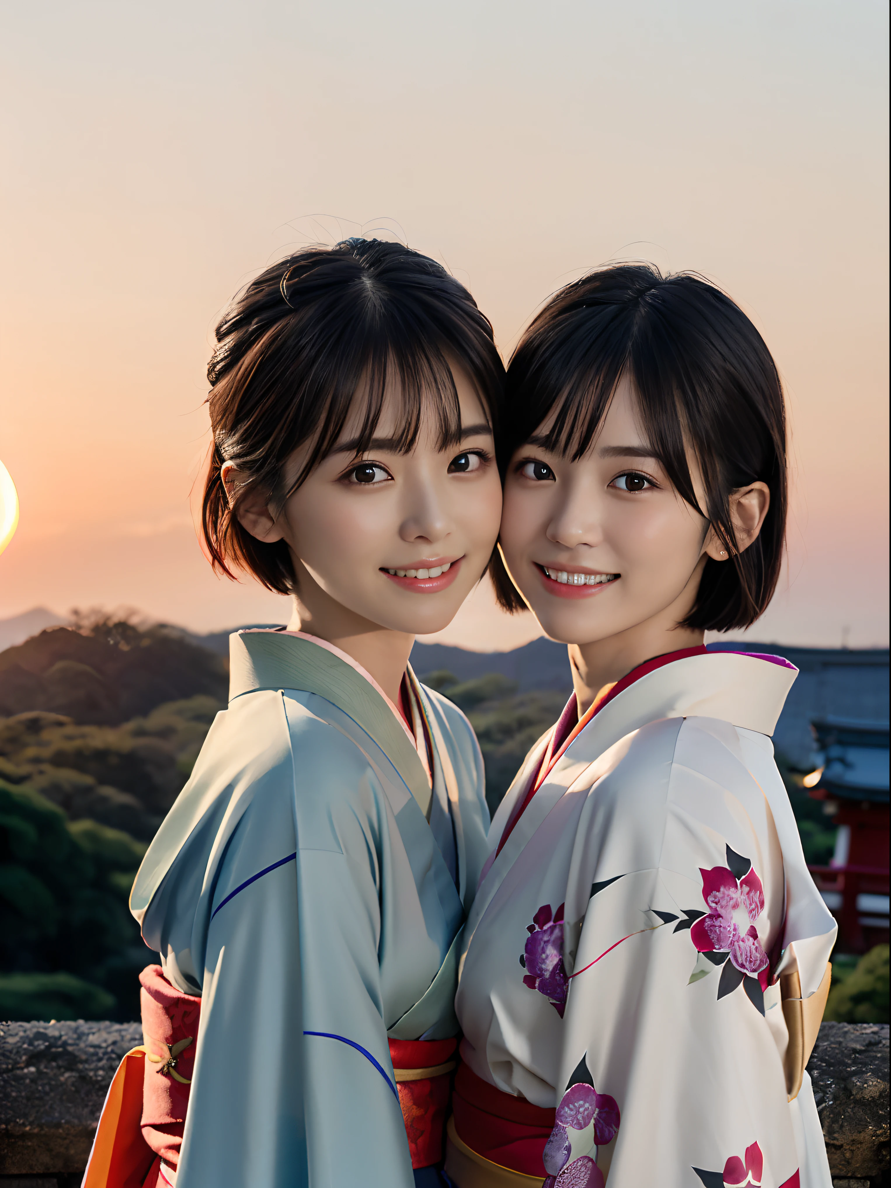 (Close up portrait of two women with short hair with dull bangs in beautiful colorful kimono:1.5)、(Two women enshrining a shrine in Japan with smiles:1.3)、(Japan shrine with red sky at winter sunset:1.5)、(Perfect Anatomy:1.3)、(No mask:1.3)、(complete fingers:1.3)、Photorealistic、Photography、masutepiece、top-quality、High resolution, delicate and pretty、face perfect、Beautiful detailed eyes、Fair skin、Real Human Skin、pores、((thin legs))、(Dark hair)