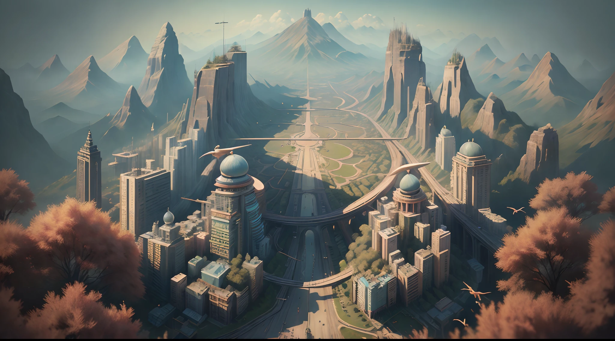 (Best quality,4K,8K,A high resolution,Masterpiece:1.2),Ultra-detailed,(Bird's eye view), (BioPunkAI:城市)