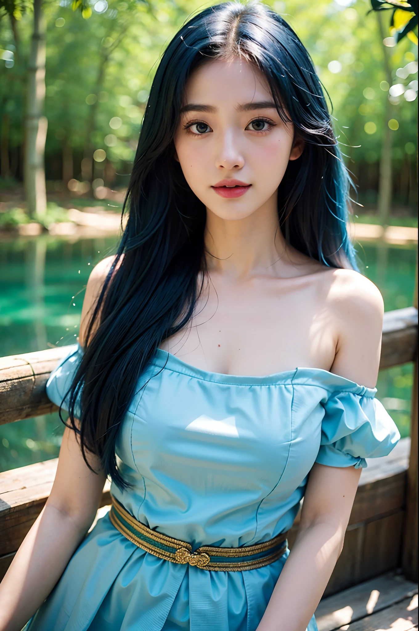 masterpiece, best quality, 8k, Very detailed, 1 girl, blue hair, long-haired, detailed eyes, Gump Forest, Bare shoulders, hanfu, large boobs, lakes, Soft smile, bamboo, close up face,