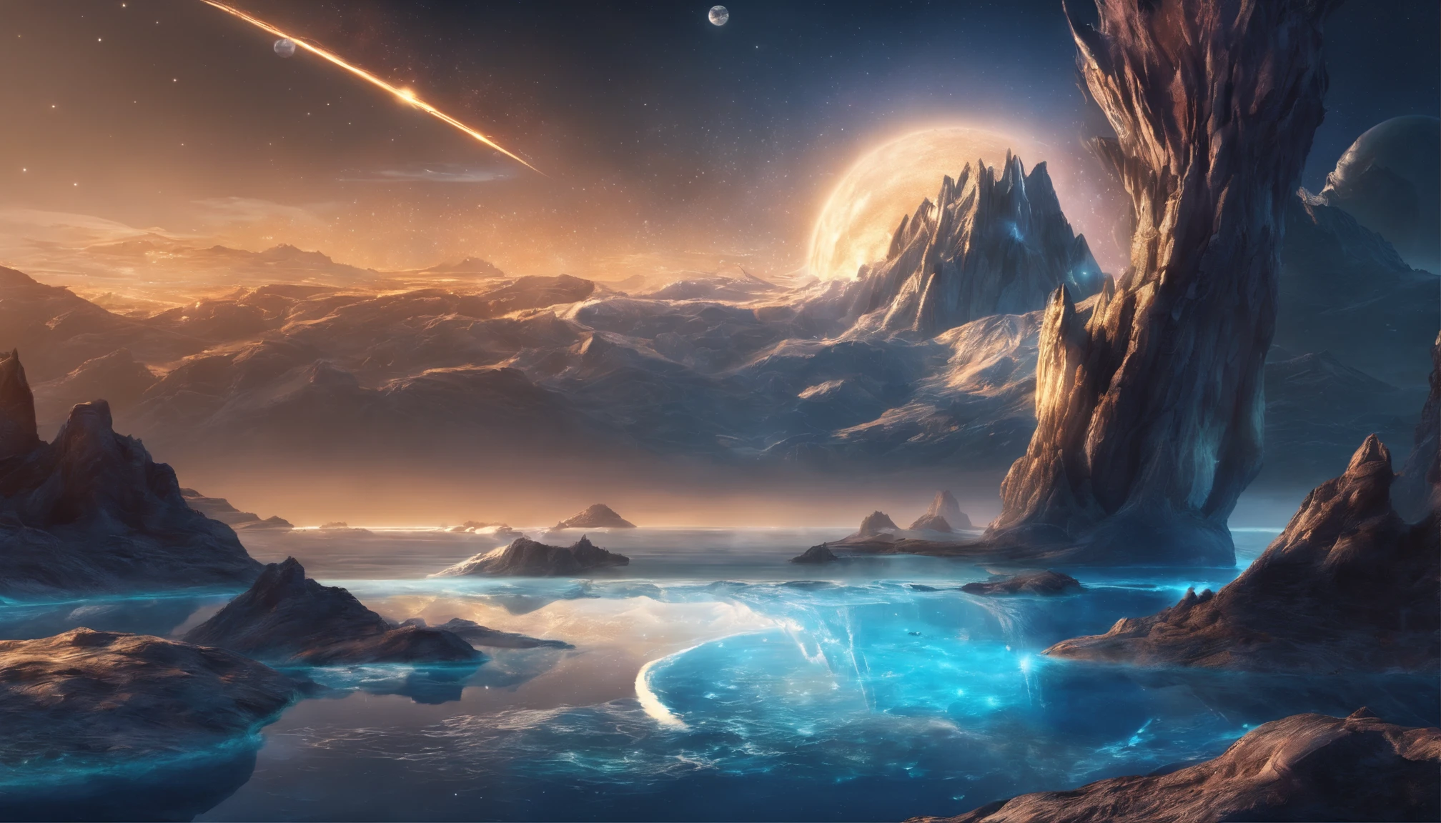 huge planet, the night, starrysky, surrealism, masutepiece, hight resolution、Impressive Milky Way:1.9、sand beach、Vast blue ocean、Blue glacier、lightning bolt:1.9、Protoplanets