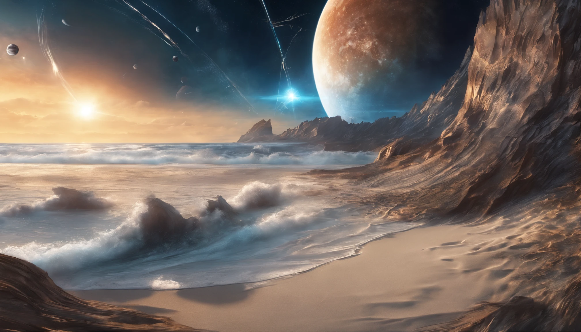 huge planet, the night, starrysky, surrealism, masutepiece, hight resolution、Impressive Milky Way:1.9、sand beach、Vast blue ocean、Blue glacier、lightning bolt:1.9、Protoplanets