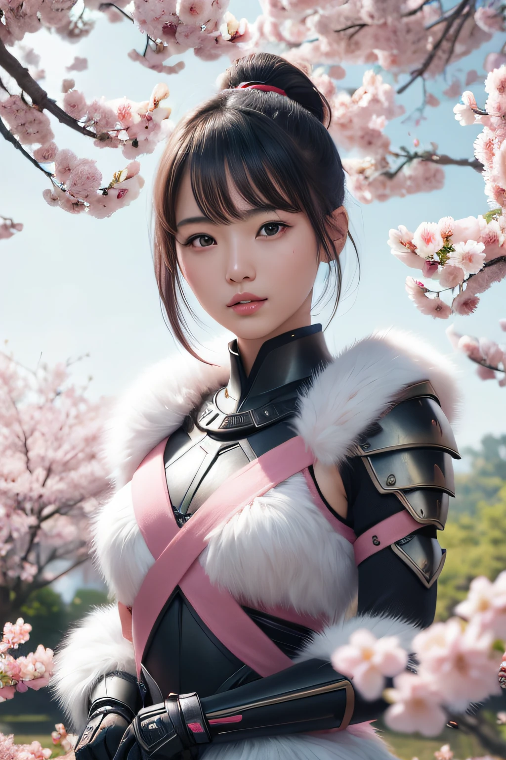 beautiful japanese young woman, wearing ninja armor, thick symmetrical features, very short hair, background is cherry blossoms, pink aura, red lips, octane render,