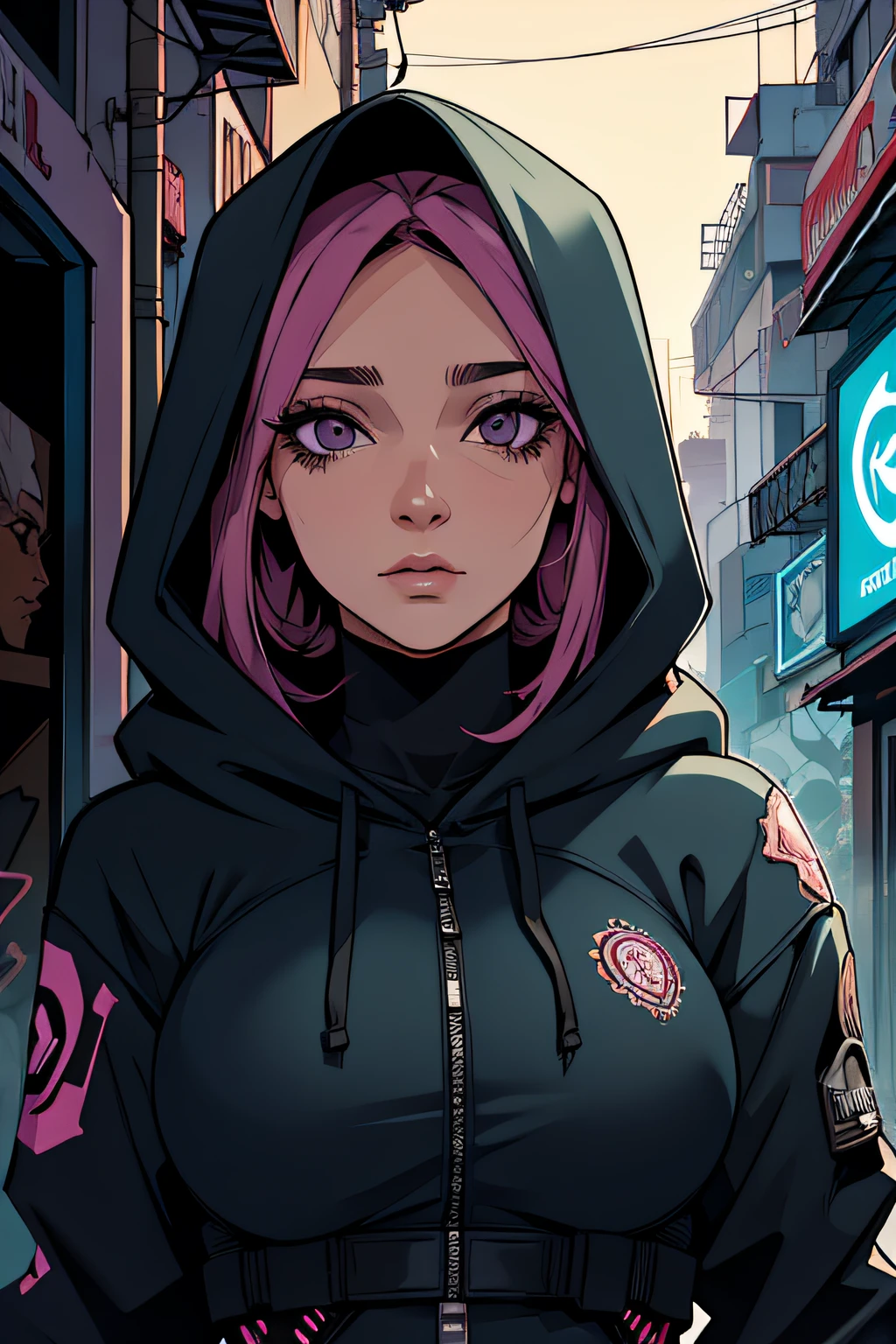 Mulher branca, mascara no rosto, hood on head, se escondendo no beco, cidade cyberpunk