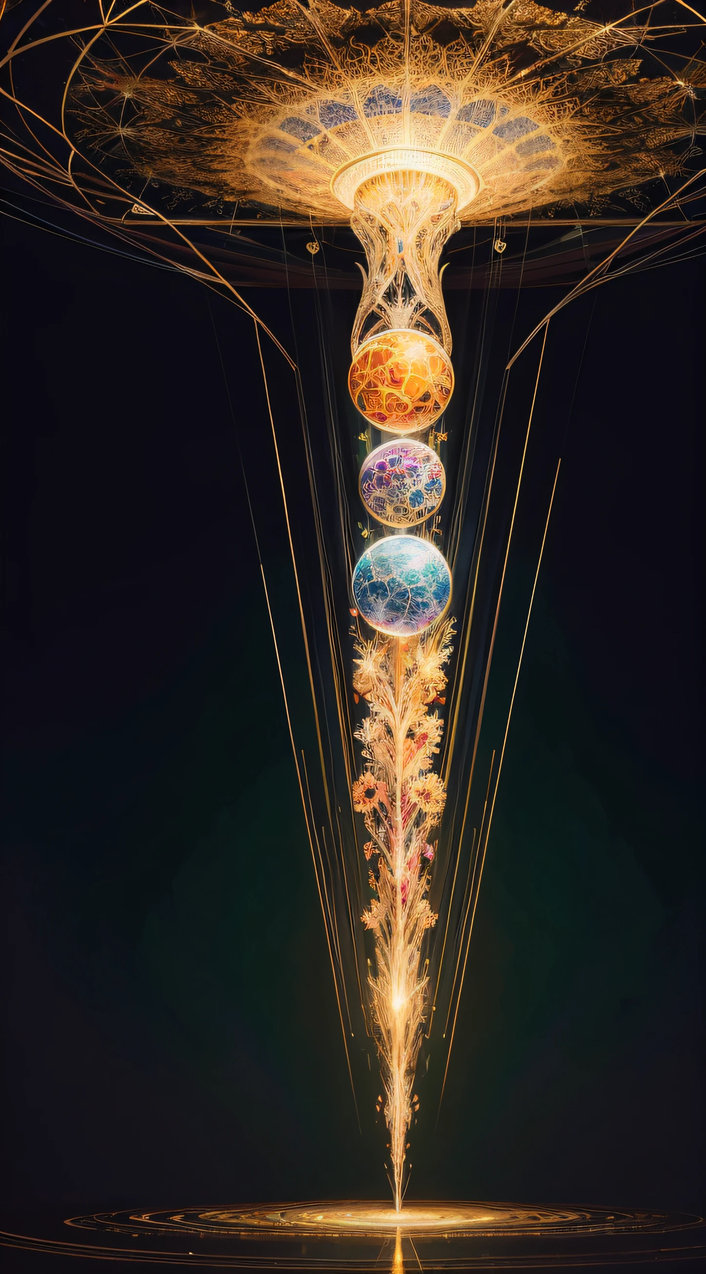 Beautiful symmetrical full body photo painted in oil with thick brushstrokes and wet paint, Fibonacci, golden ratio, melted wax, visible brushstrokes, surrounded by crystal spheres, 3D tessellation wireframe, neural graphic, neurons, tree of life, color, love, passion, oil on canvas, thick brushstrokes, insanely detailed, 8k uhd, masterpiece, artstation, surreal