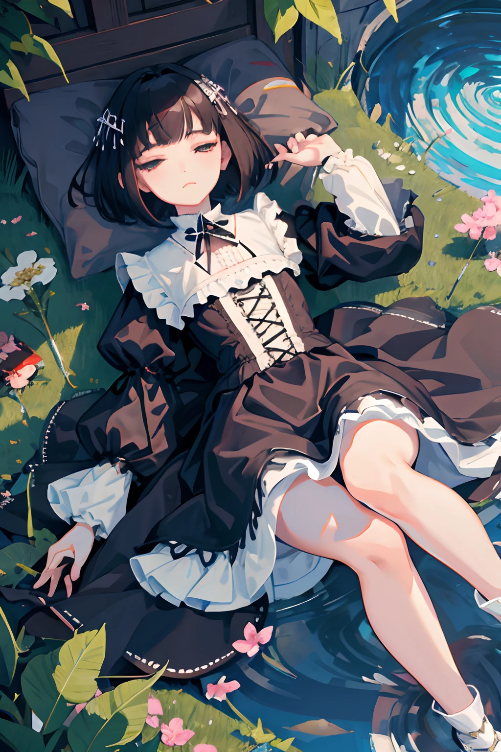 Knees,Curtsey,lift up one's skirtd,(masterpiece,Highest Quality),(shortsleeves,White Gothic Lolita),Sleepy face,Round eyes,A dark-haired,Semi-long bob,bare-legged,small stream,cherry trees,undergarment