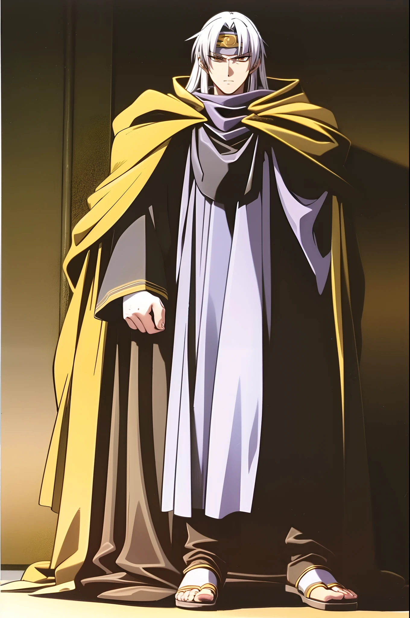 silver hair, long hair, yellow eyes, bandana, militari uniform, cape, tall,scarf, full body, flipflops, 1boy, long sleeves, solo, solo focus