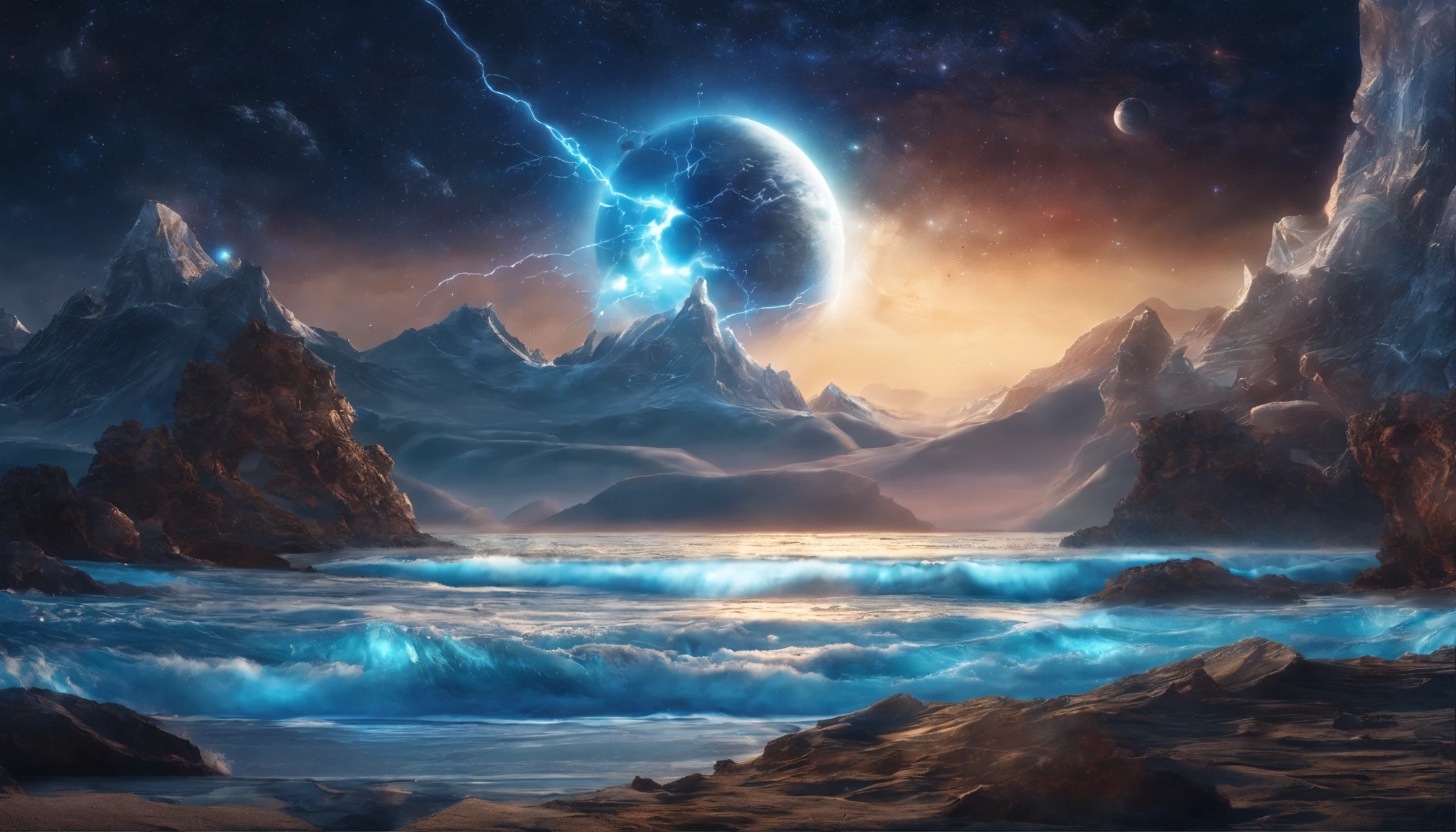 huge planet, the night, starrysky, surrealism, masutepiece, hight resolution、Impressive Milky Way:1.9、sand beach、Vast blue ocean、Blue glacier、lightning bolt:1.9、Protoplanets