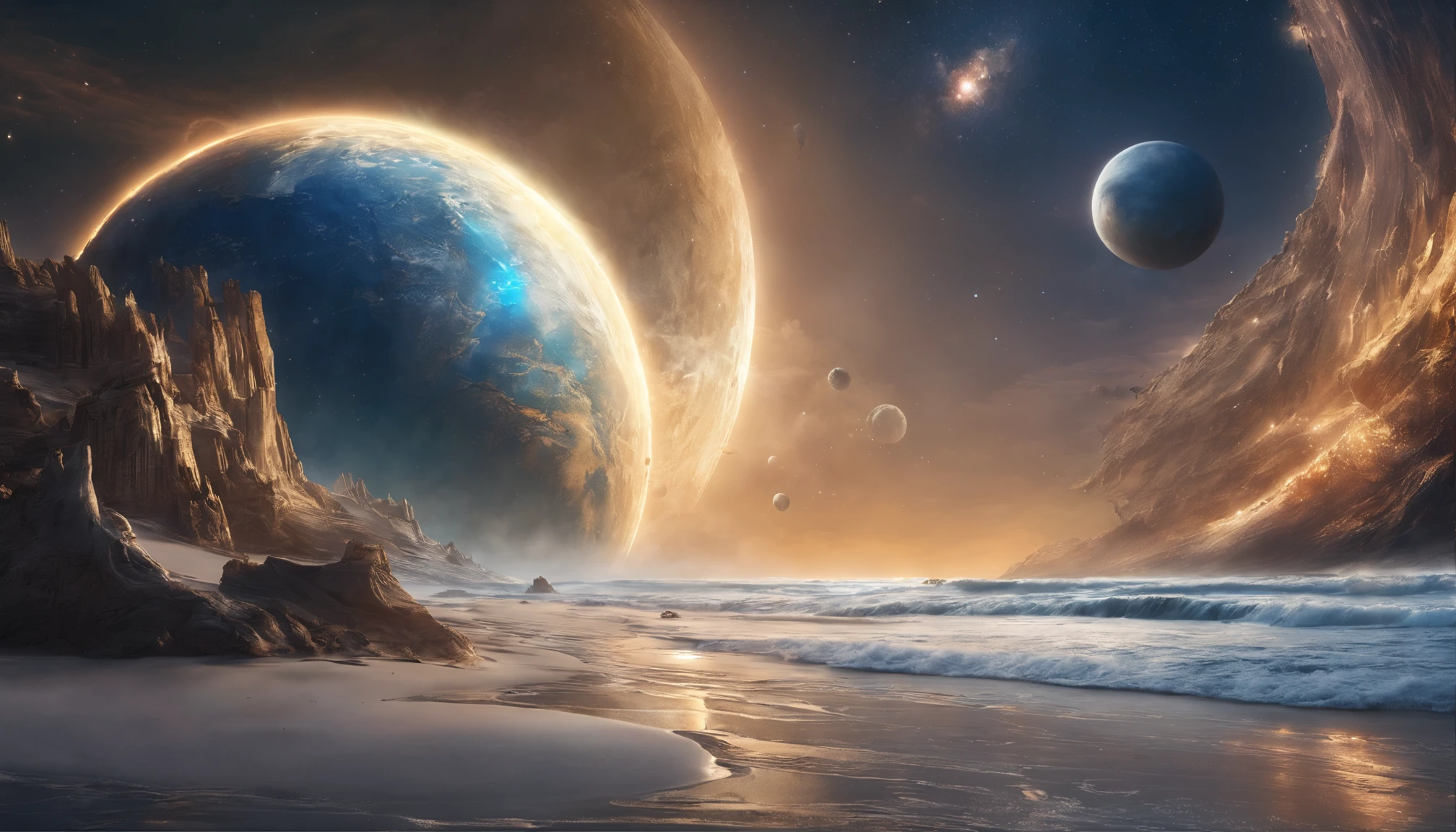 A view of a beach with planets and a rocky cliff - SeaArt AI